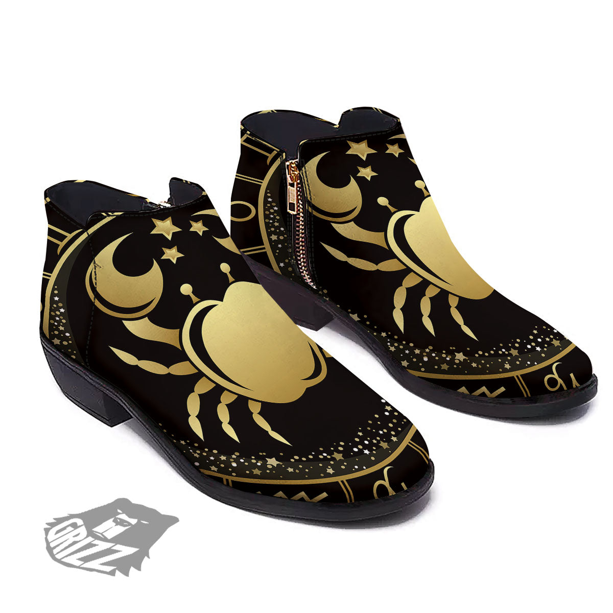 Cancer Sign Black And Gold Print Ankle Boots-grizzshop