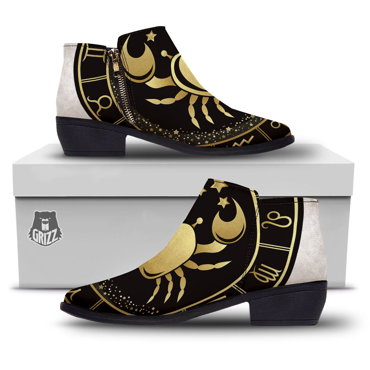 Cancer Sign Black And Gold Print Ankle Boots-grizzshop
