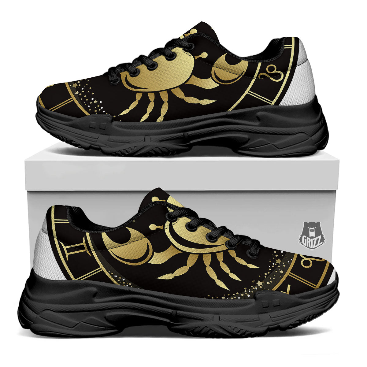Cancer Sign Black And Gold Print Black Chunky Shoes-grizzshop