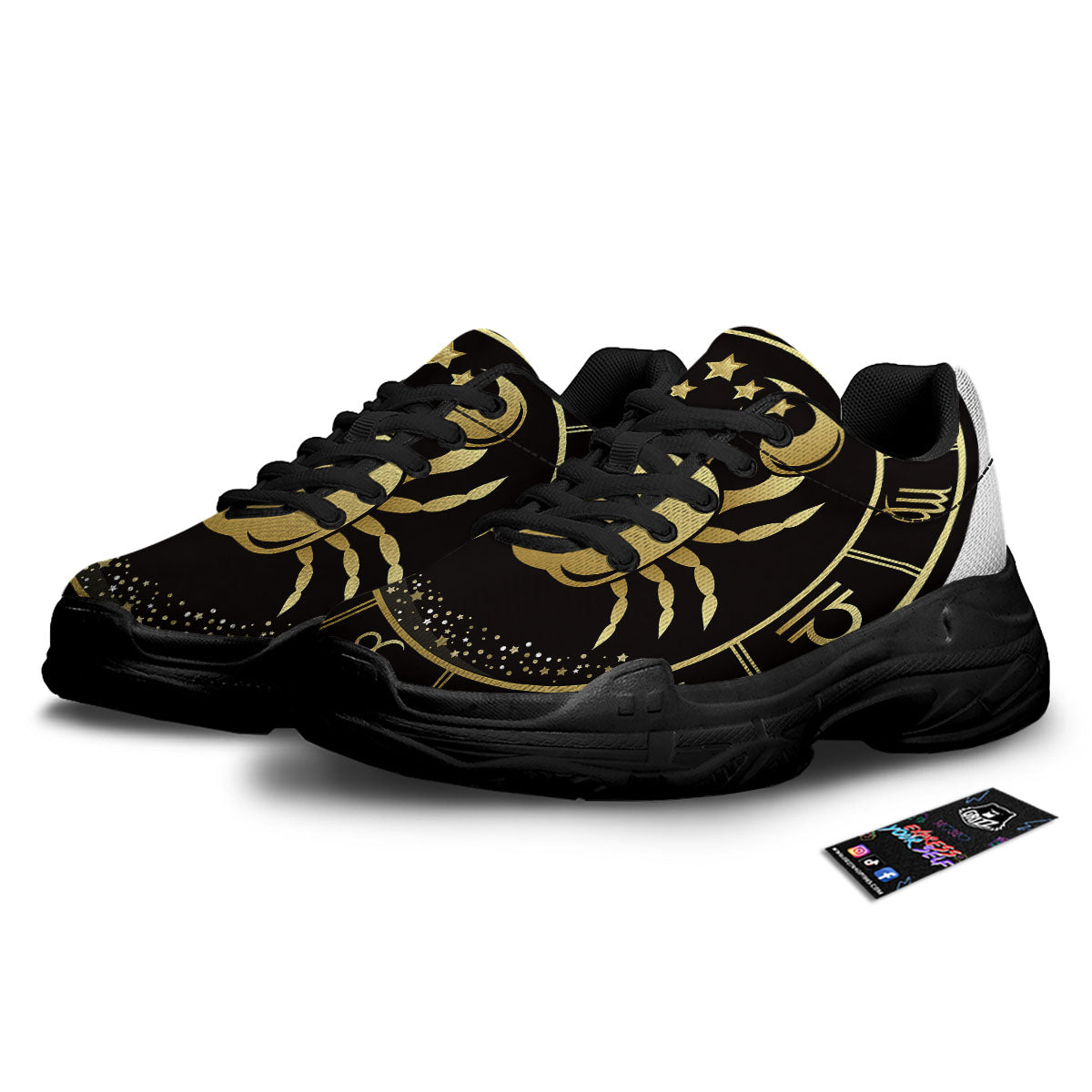 Cancer Sign Black And Gold Print Black Chunky Shoes-grizzshop