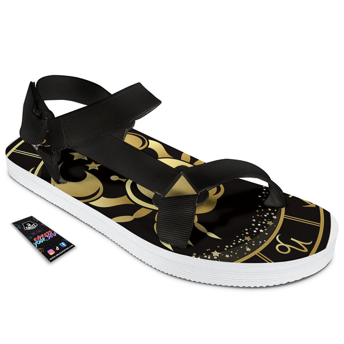 Cancer Sign Black And Gold Print Black Open Toe Sandals-grizzshop
