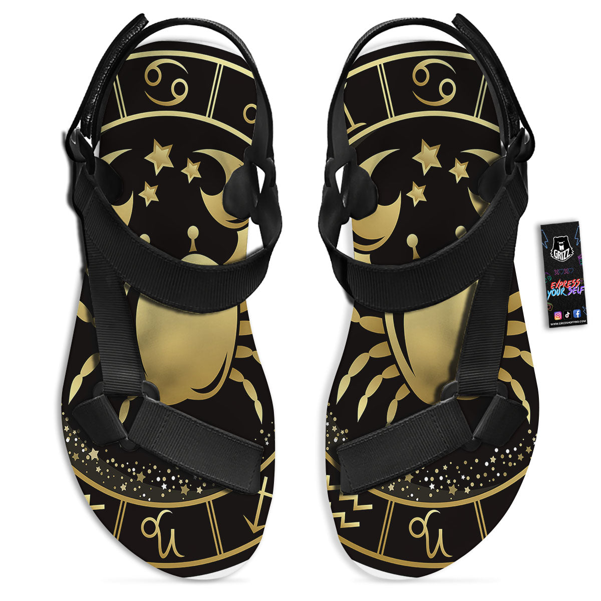 Cancer Sign Black And Gold Print Black Open Toe Sandals-grizzshop