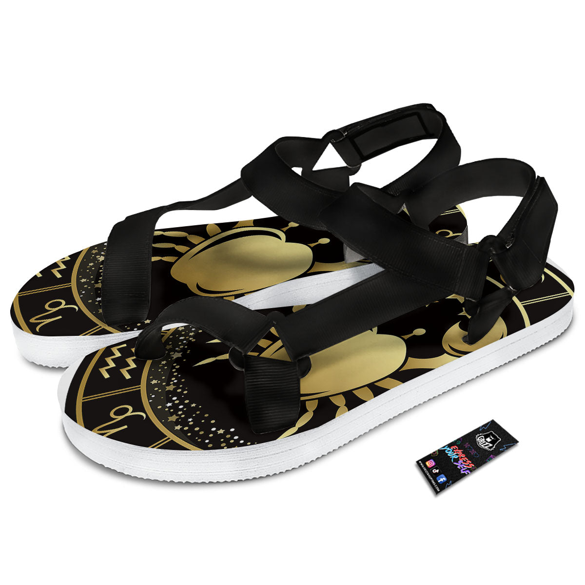 Cancer Sign Black And Gold Print Black Open Toe Sandals-grizzshop