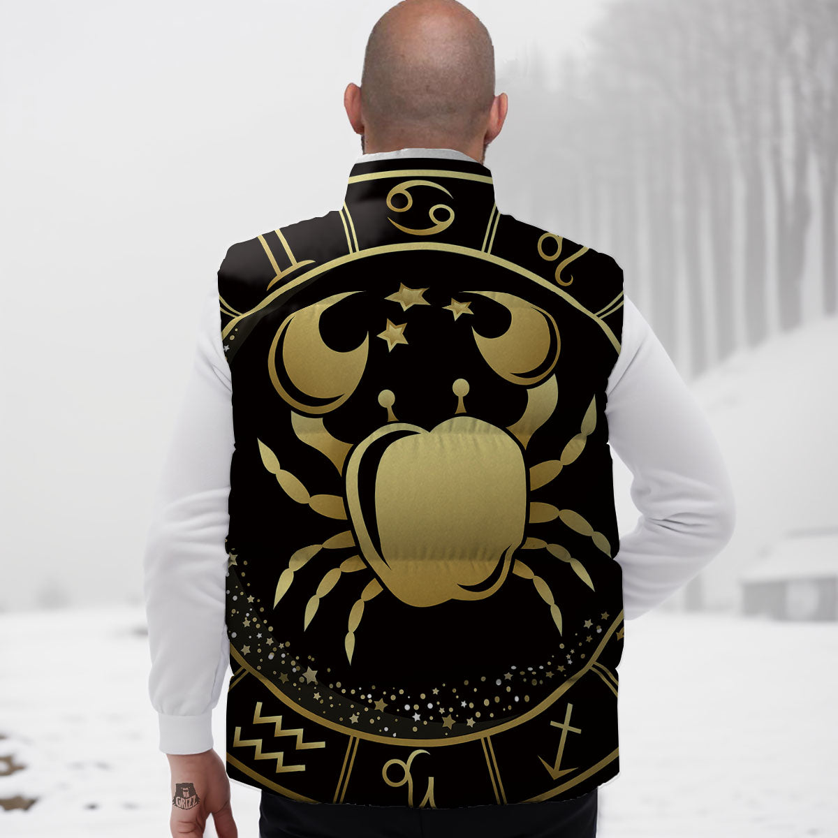 Cancer Sign Black And Gold Print Down Vest