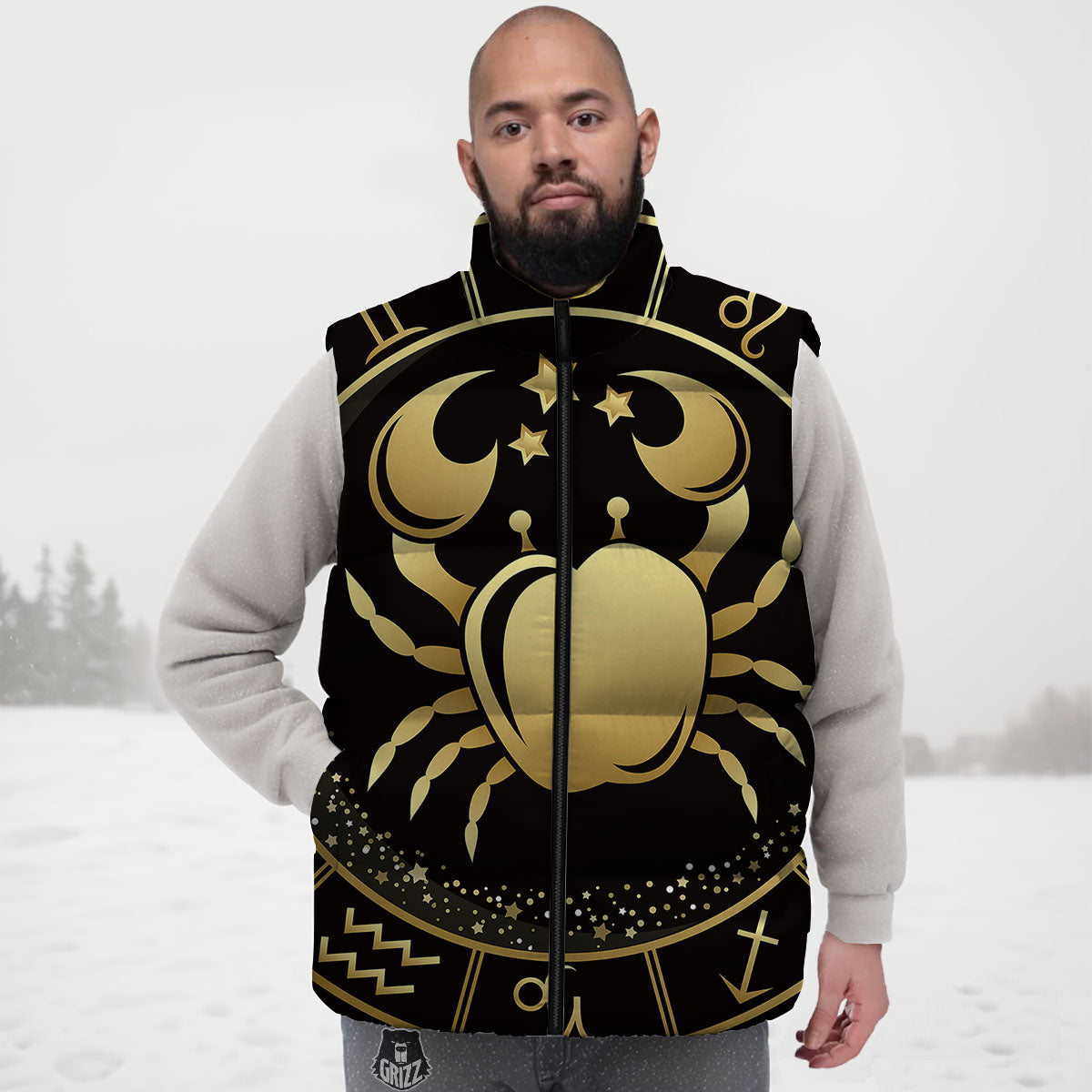 Cancer Sign Black And Gold Print Down Vest