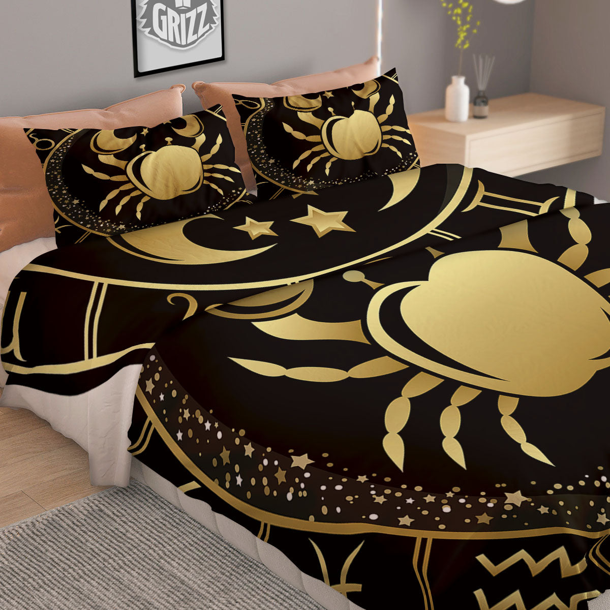 Cancer Sign Black And Gold Print Duvet Cover Bedding Set