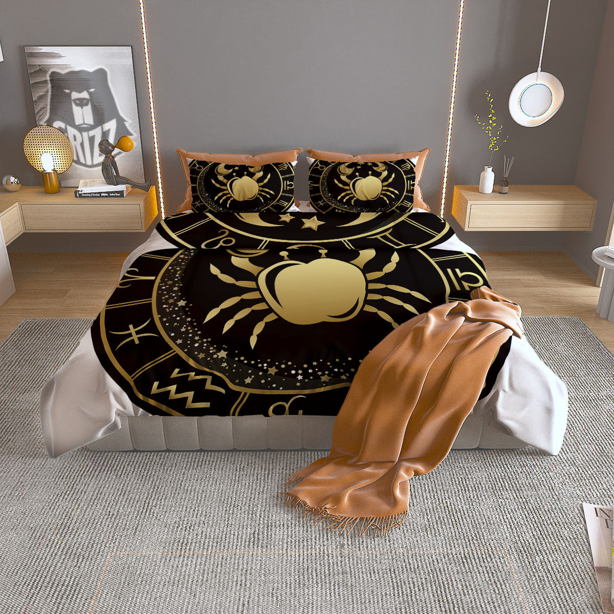 Cancer Sign Black And Gold Print Duvet Cover Bedding Set