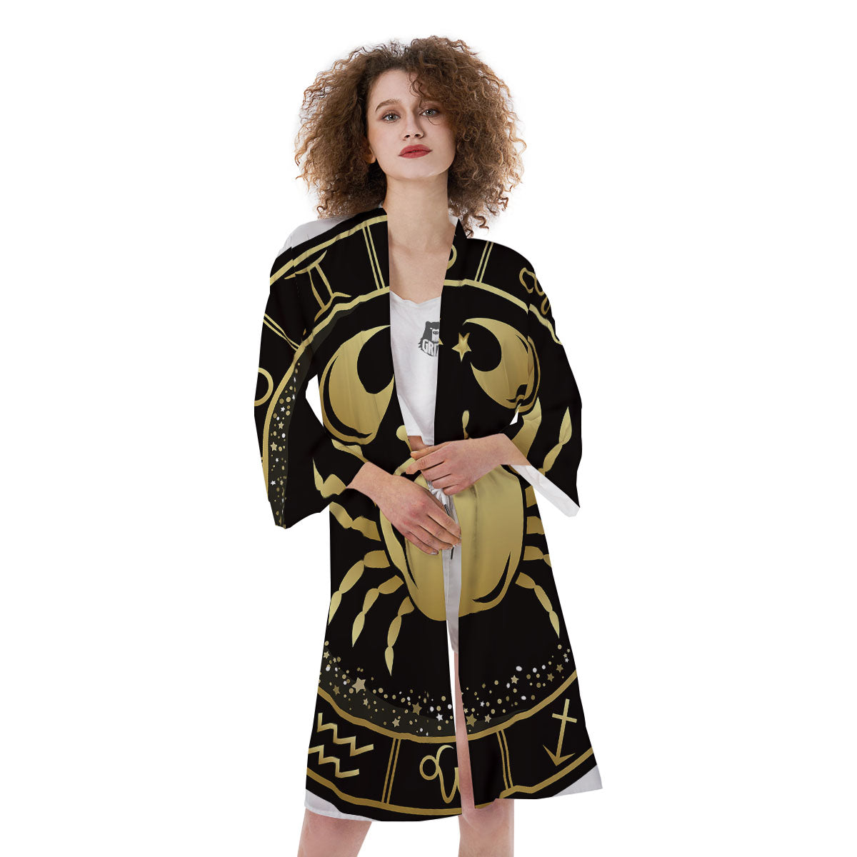 Cancer Sign Black And Gold Print Kimono-grizzshop