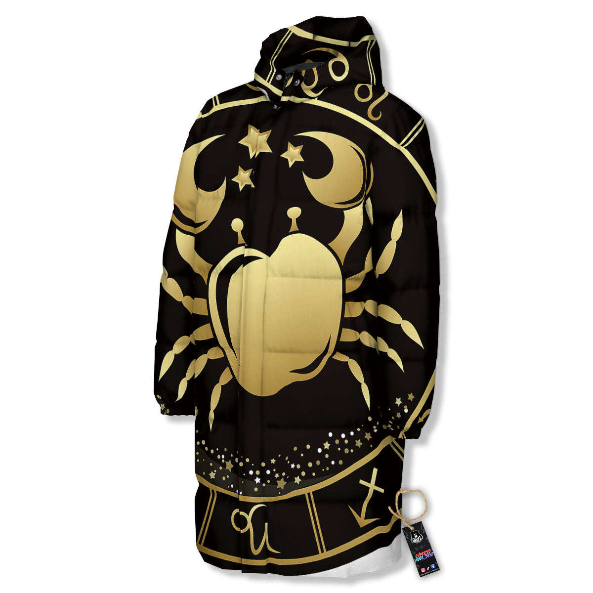 Cancer Sign Black And Gold Print Long Down Jacket-grizzshop