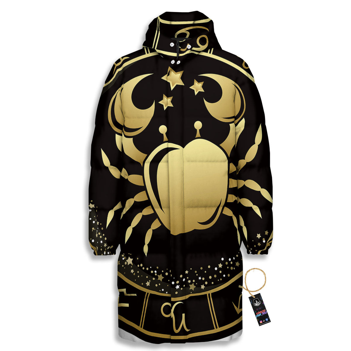 Cancer Sign Black And Gold Print Long Down Jacket-grizzshop