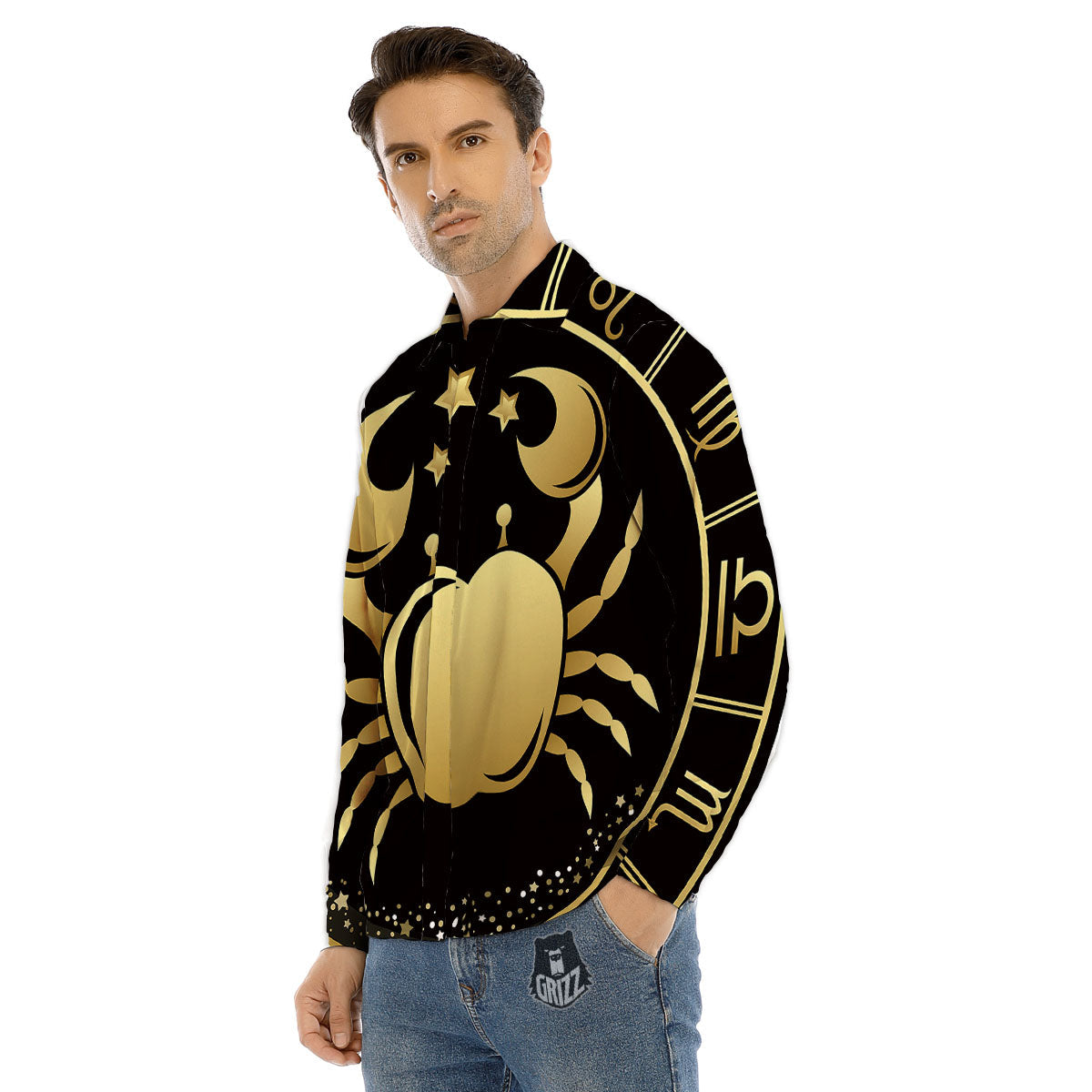 Cancer Sign Black And Gold Print Men's Dress Shirts-grizzshop