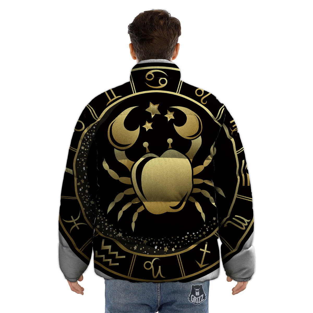 Cancer Sign Black And Gold Print Puffer Jacket-grizzshop
