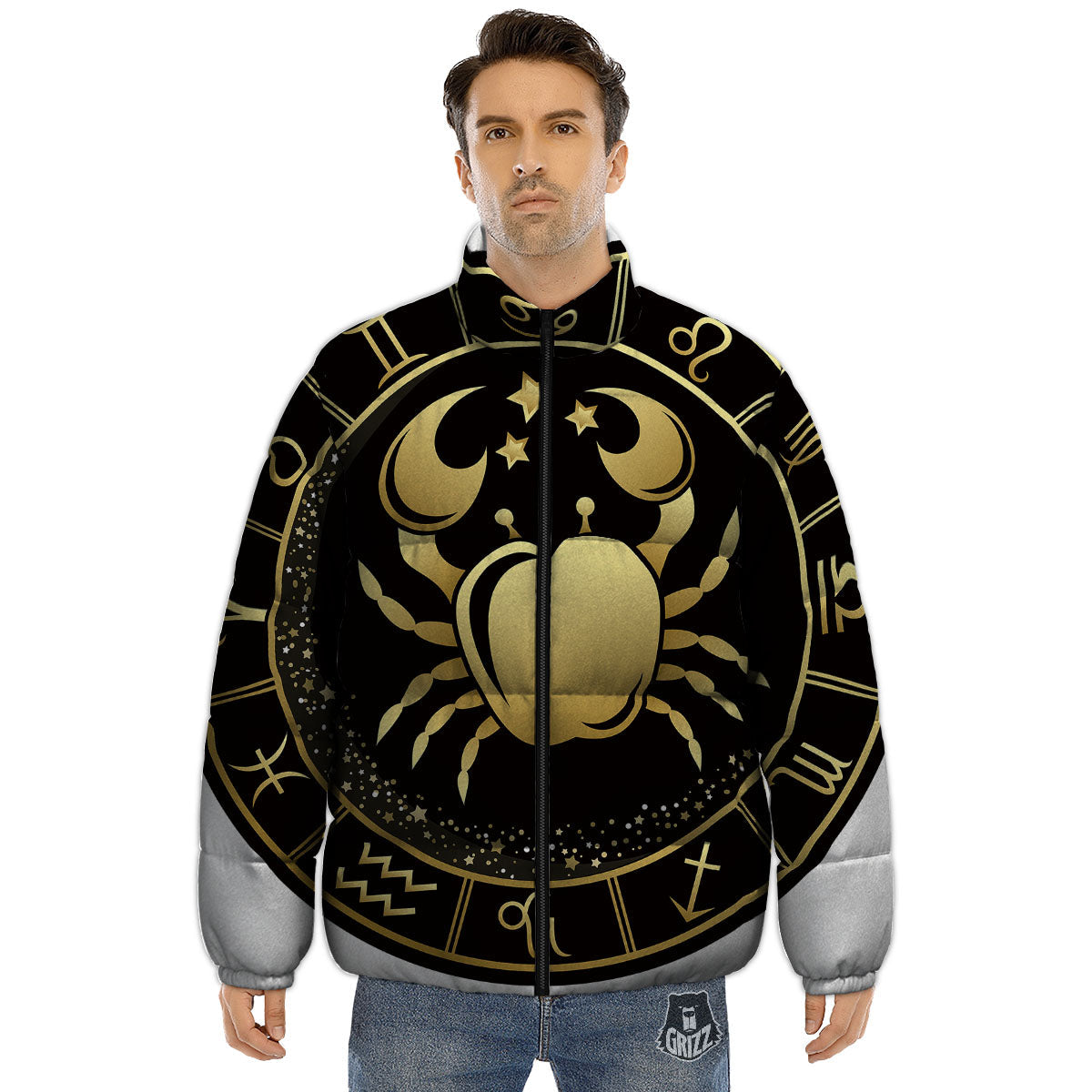 Cancer Sign Black And Gold Print Puffer Jacket-grizzshop