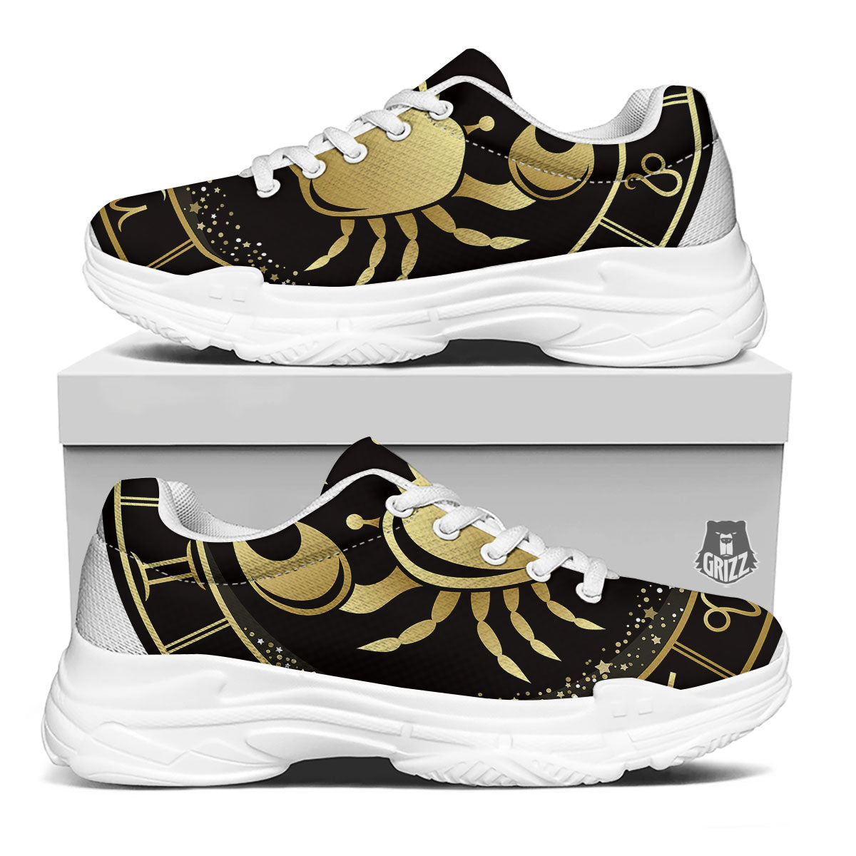 Cancer Sign Black And Gold Print White Chunky Shoes-grizzshop