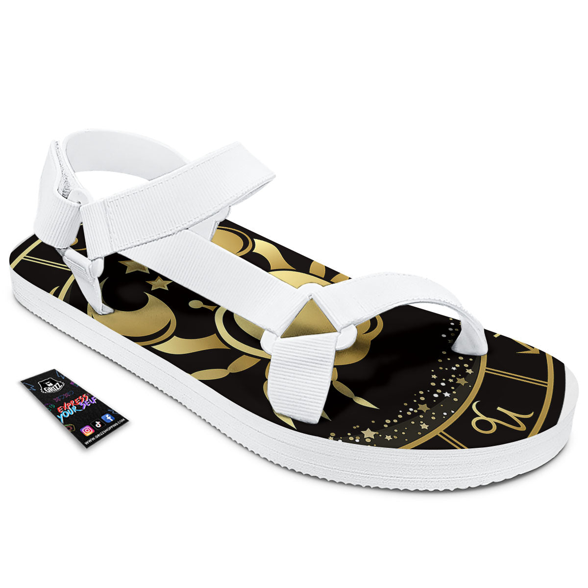 Cancer Sign Black And Gold Print White Open Toe Sandals-grizzshop