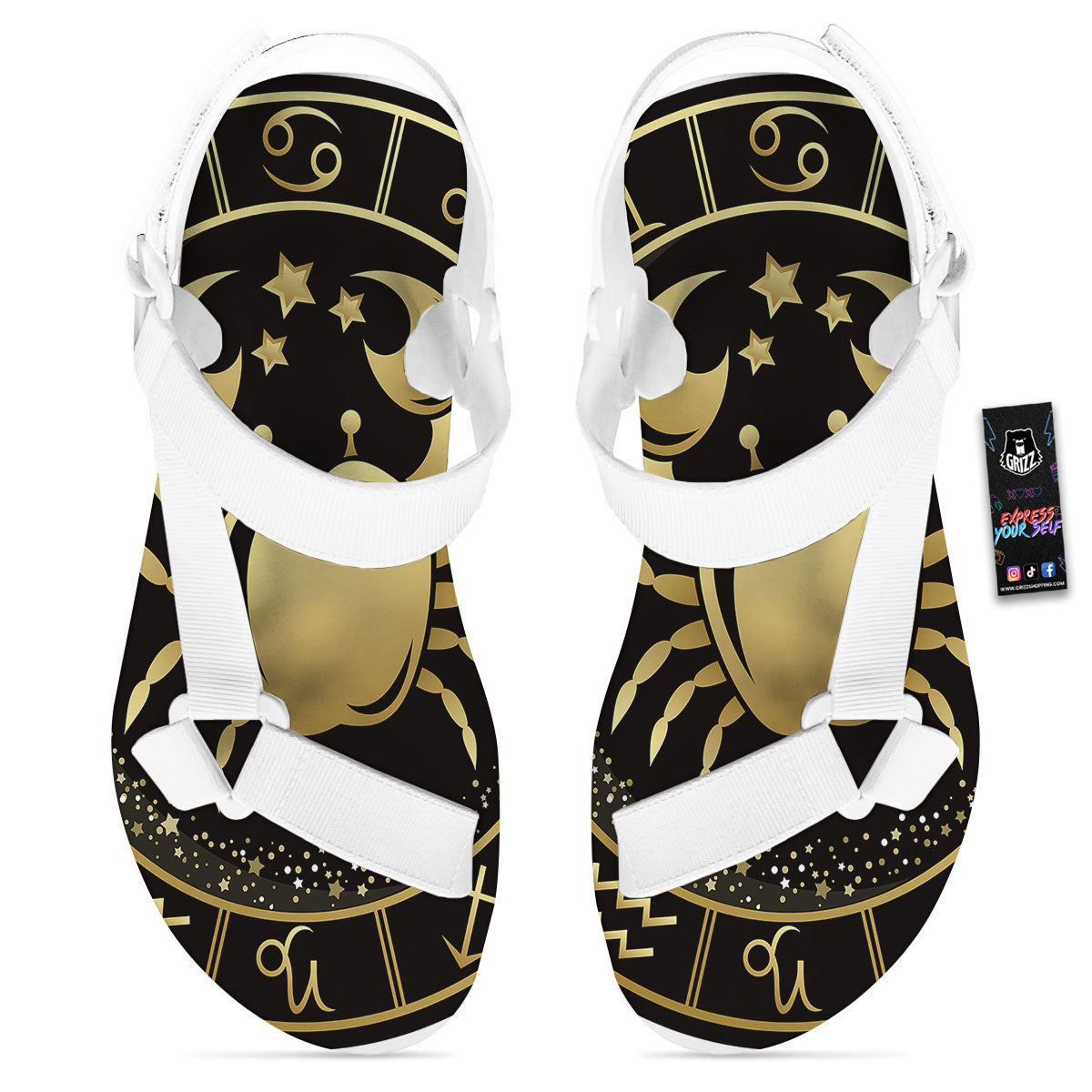 Cancer Sign Black And Gold Print White Open Toe Sandals-grizzshop