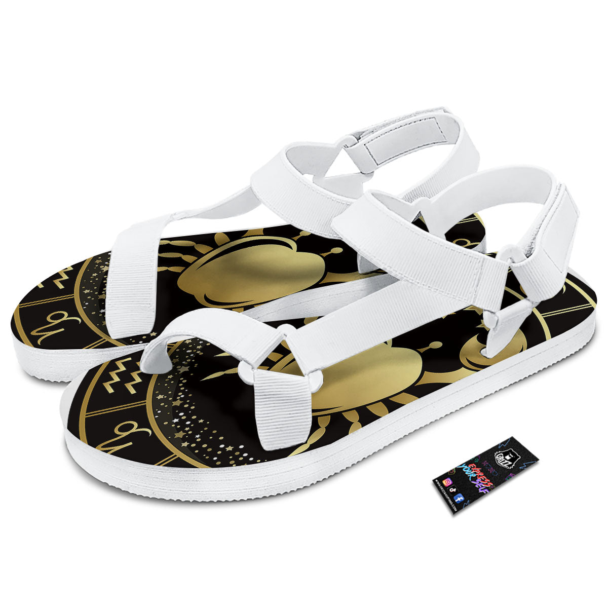 Cancer Sign Black And Gold Print White Open Toe Sandals-grizzshop