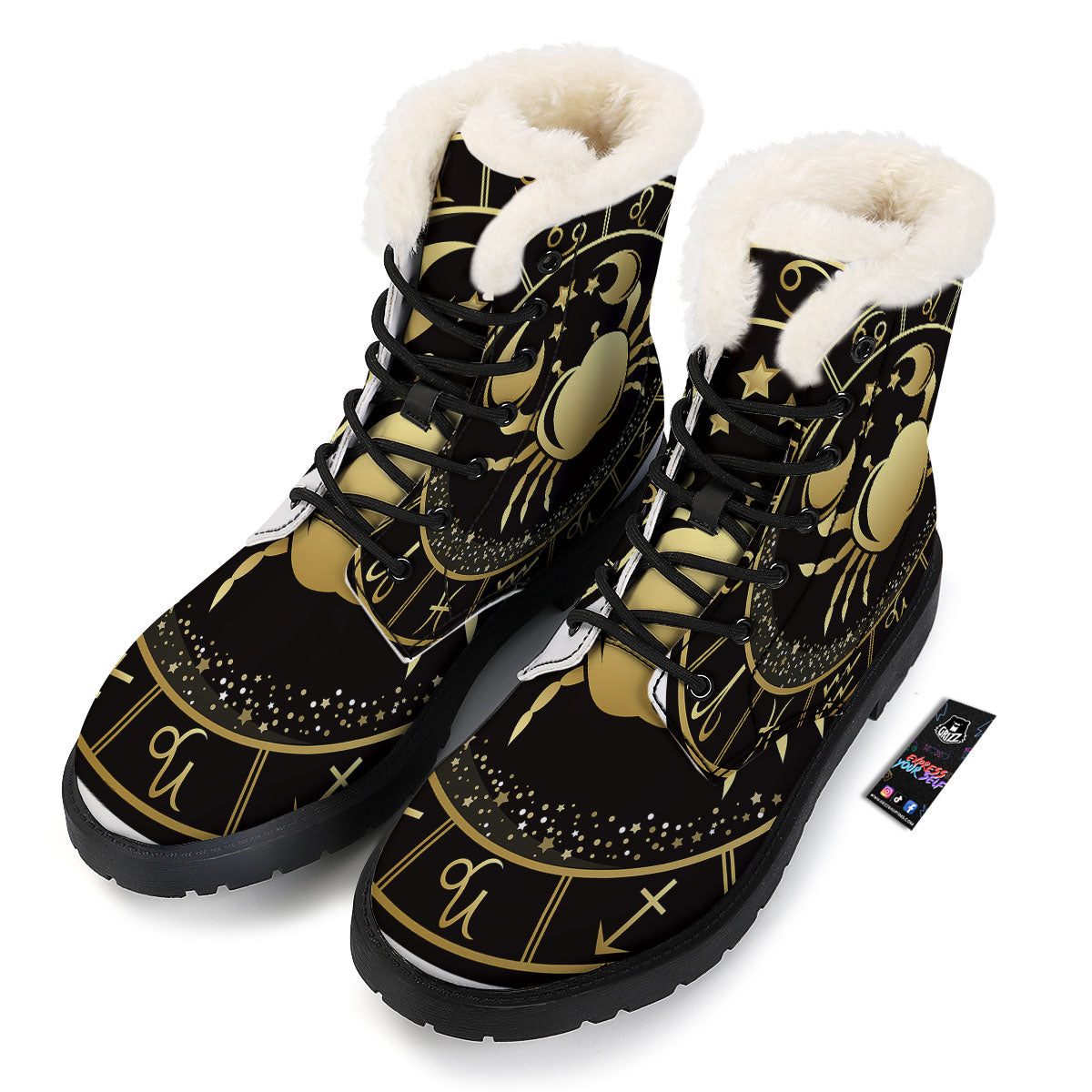 Cancer Sign Black And Gold Print Winter Boots-grizzshop