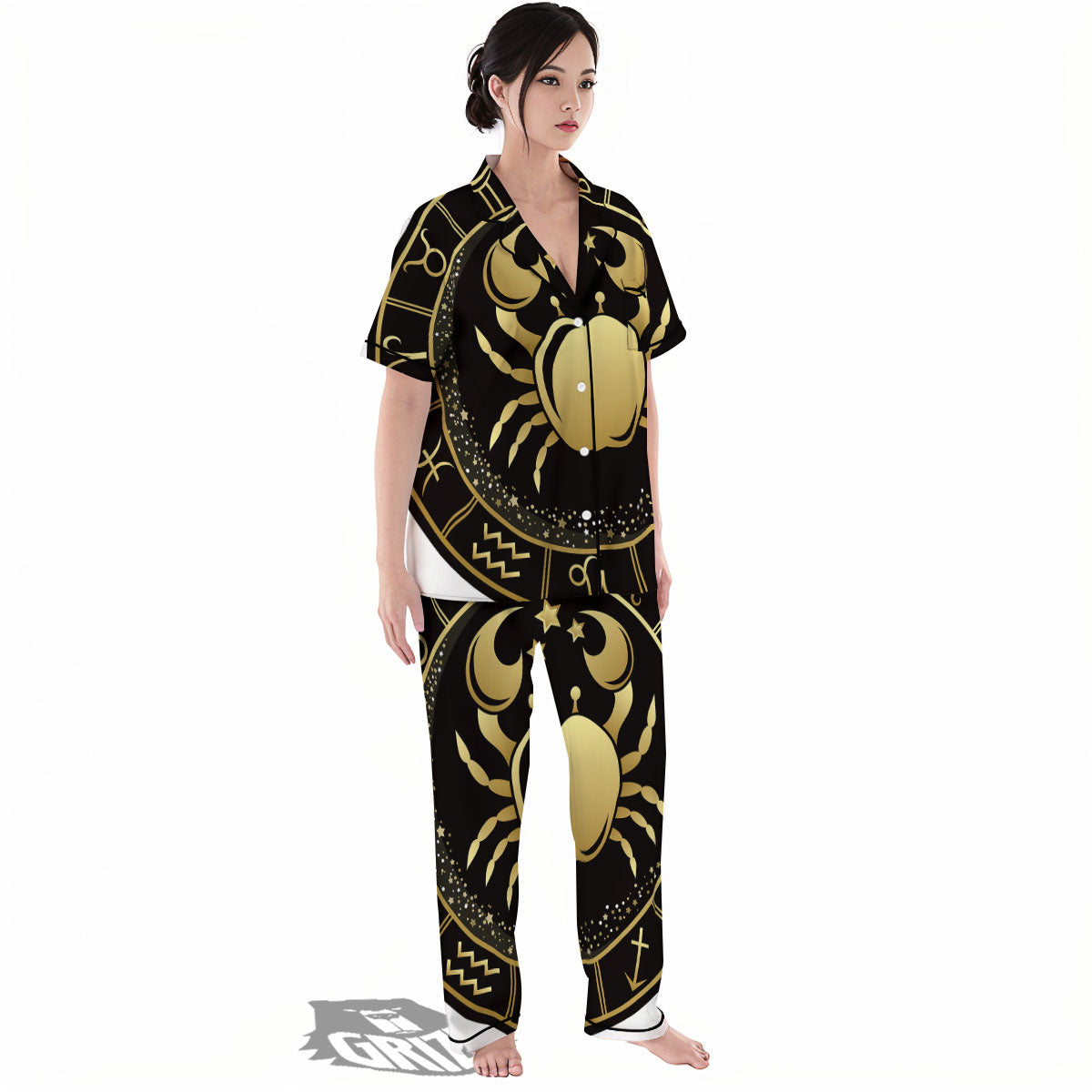 Cancer Sign Black And Gold Print Women's Pajamas Set-grizzshop