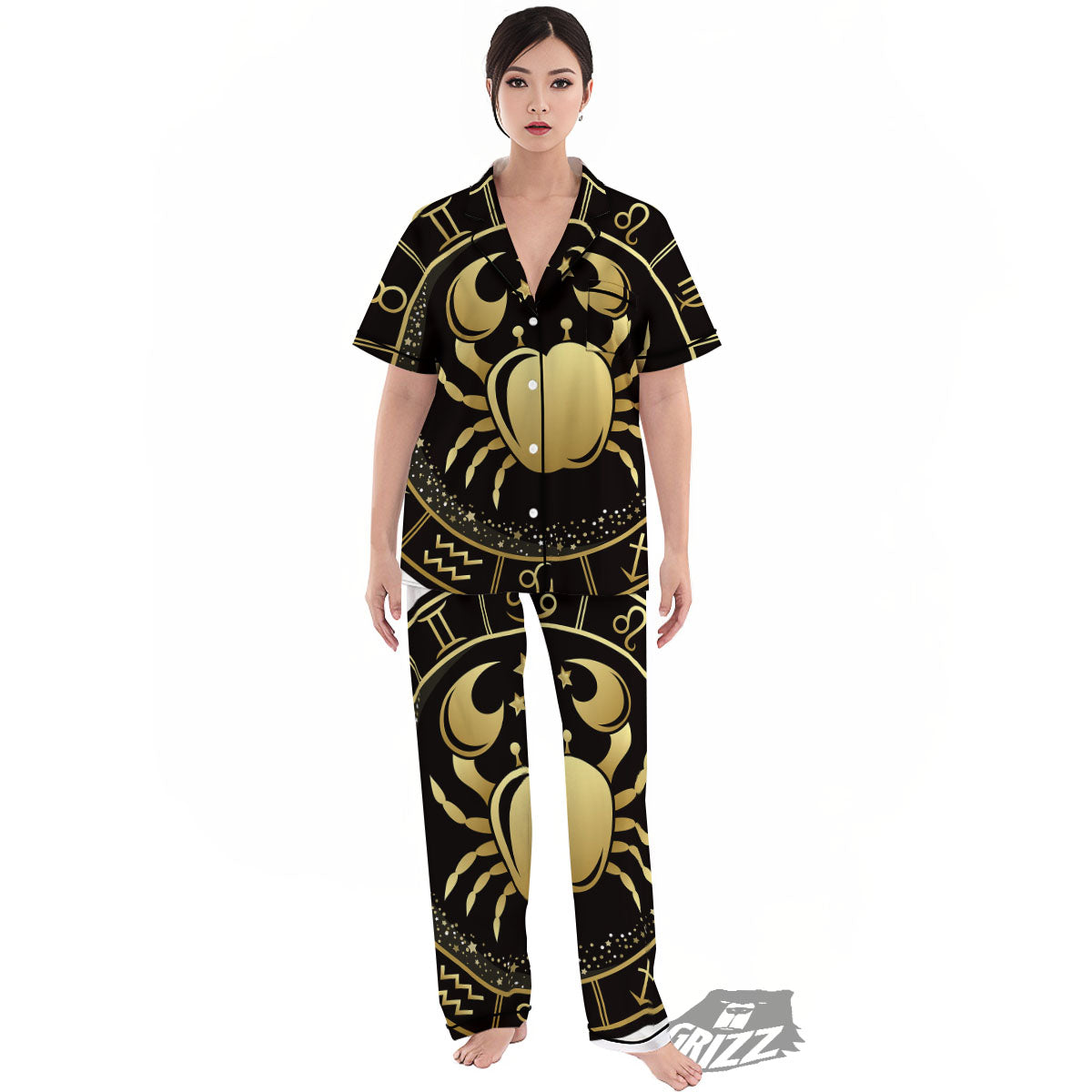 Cancer Sign Black And Gold Print Women's Pajamas Set-grizzshop