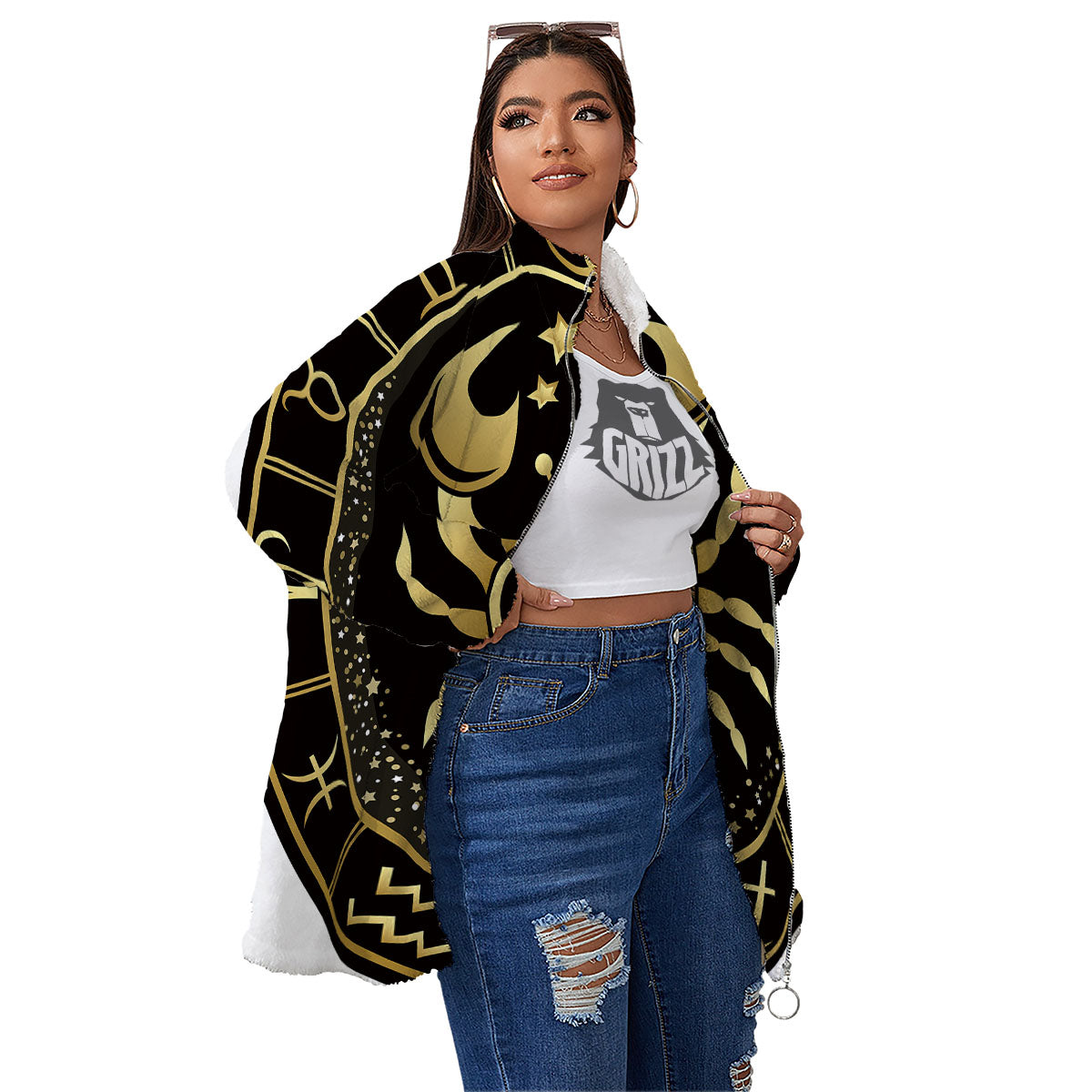 Cancer Sign Black And Gold Print Women's Sherpa Jacket-grizzshop