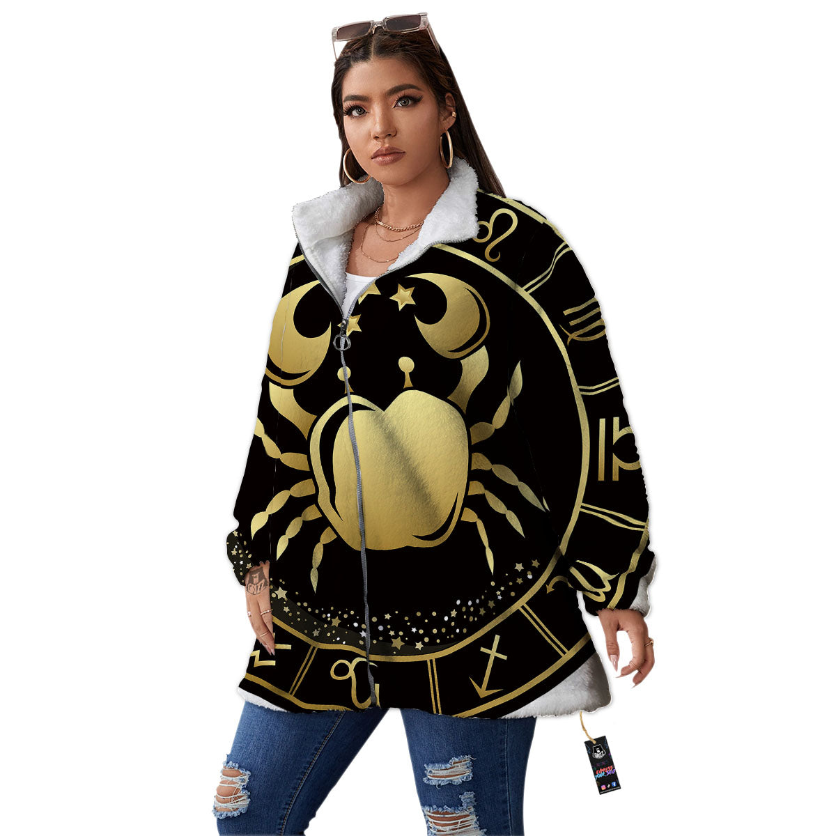 Cancer Sign Black And Gold Print Women's Sherpa Jacket-grizzshop
