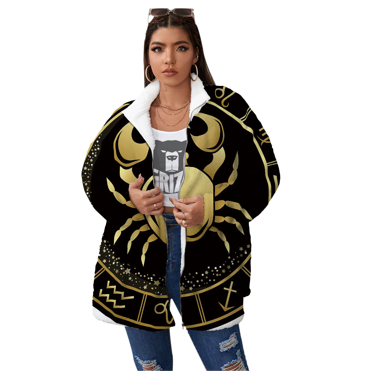 Cancer Sign Black And Gold Print Women's Sherpa Jacket-grizzshop