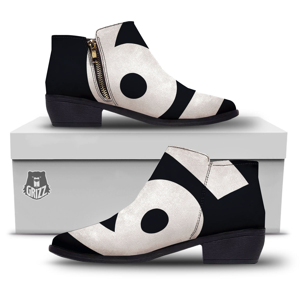 Cancer Sign White And Black Print Ankle Boots-grizzshop