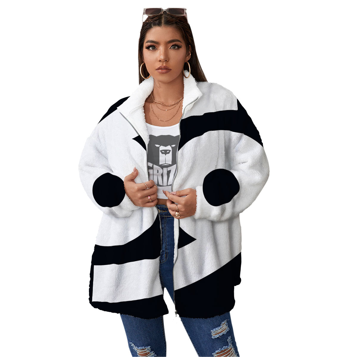 Cancer Sign White And Black Print Women's Sherpa Jacket-grizzshop