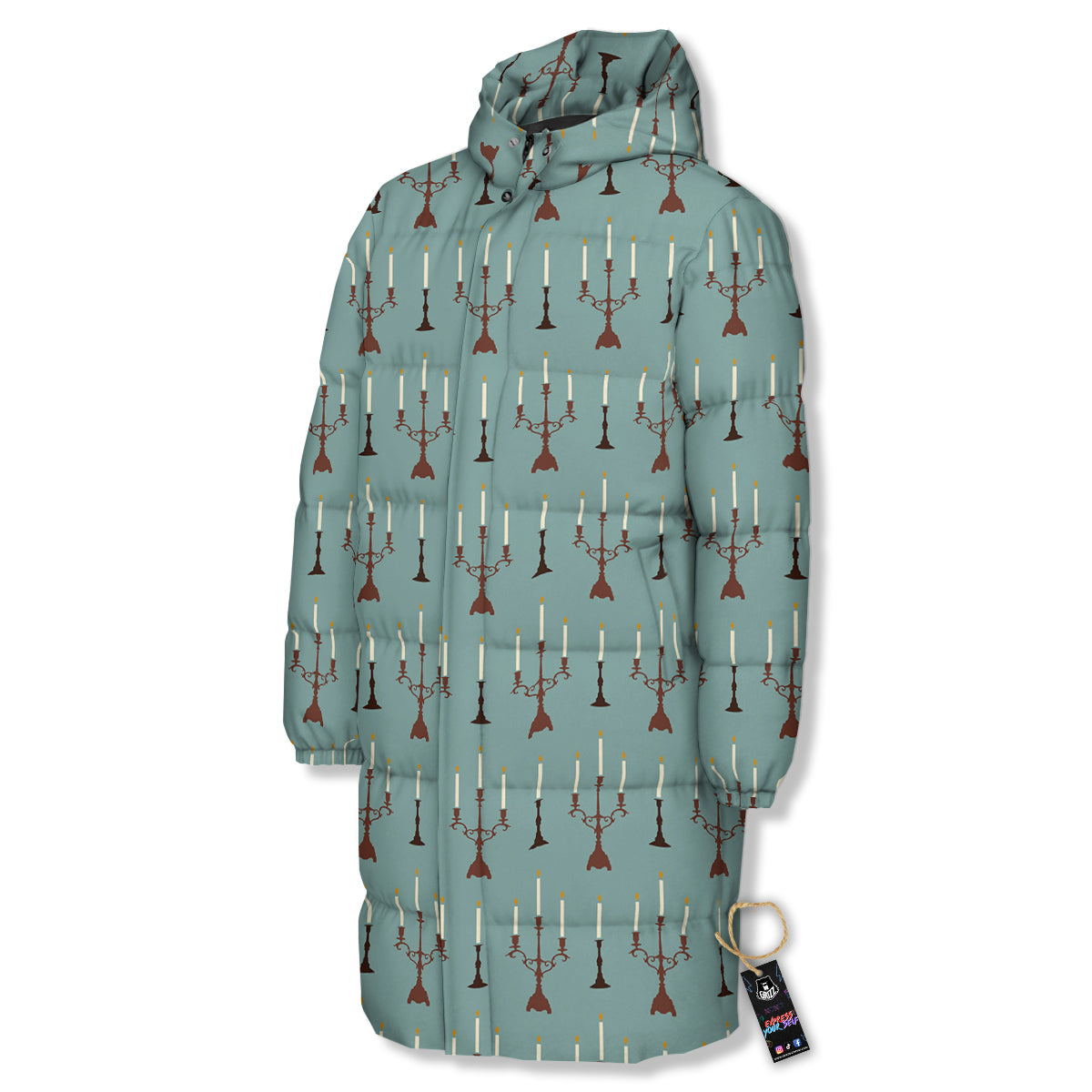 Candle Vintage Print Pattern Long Down Jacket-grizzshop