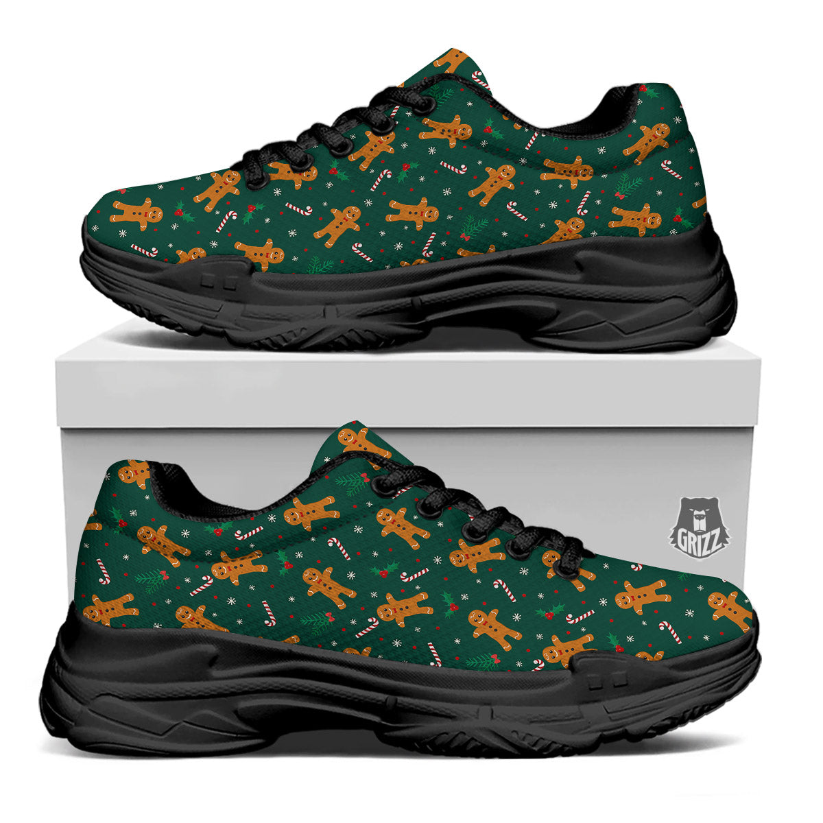 Candy And Christmas Cookie Print Pattern Black Chunky Shoes-grizzshop