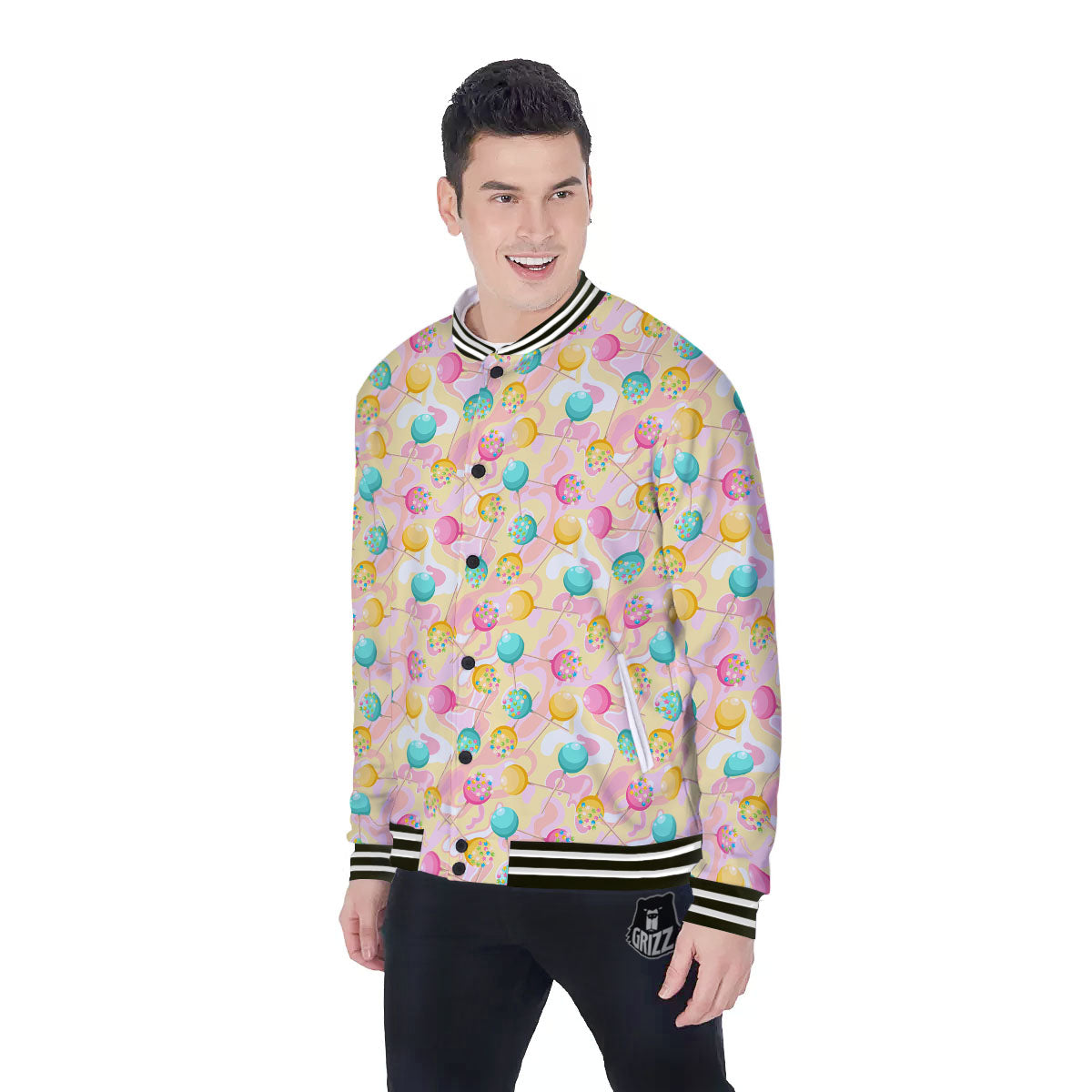Candy And Colorful Lollipop Print Baseball Jacket-grizzshop