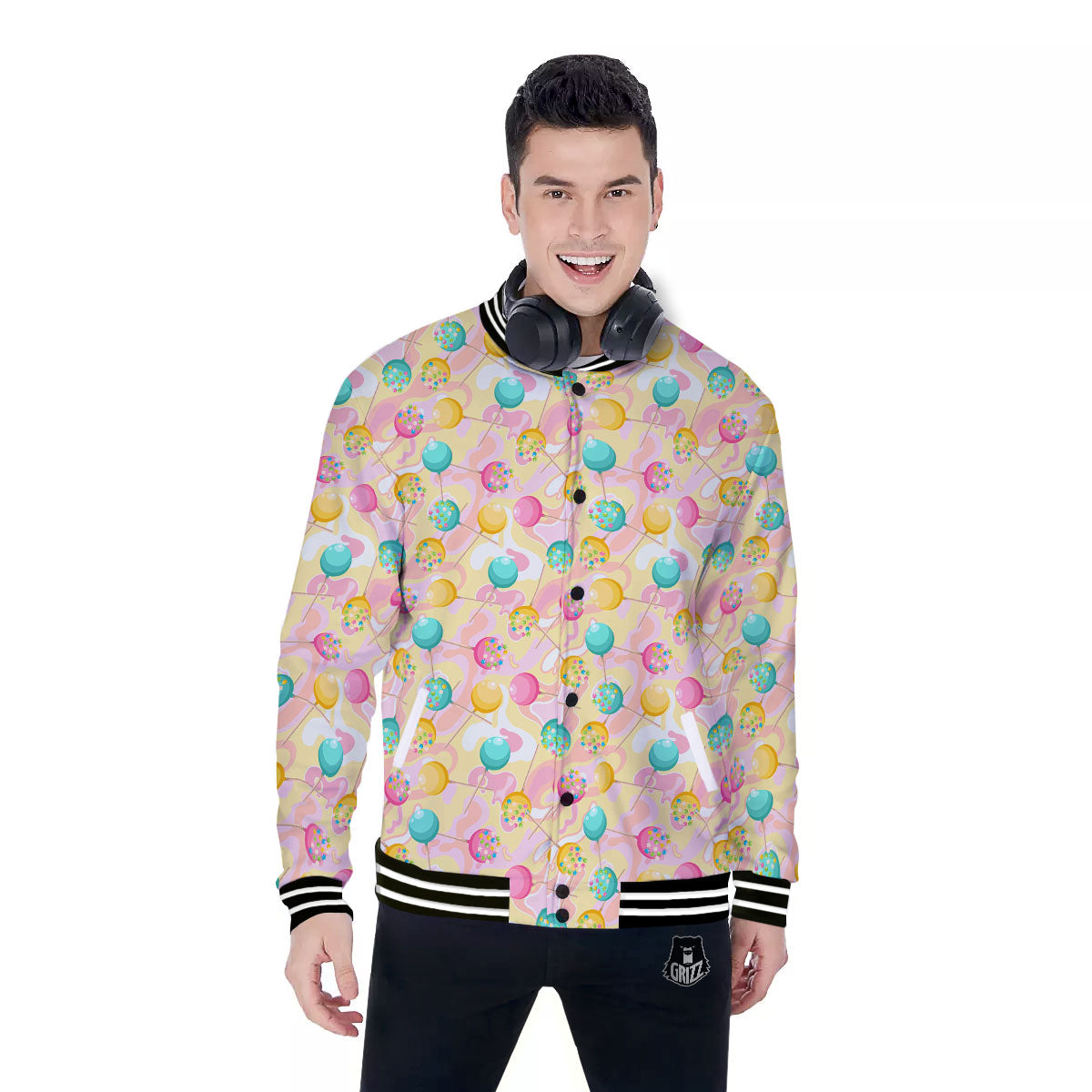 Candy And Colorful Lollipop Print Baseball Jacket-grizzshop