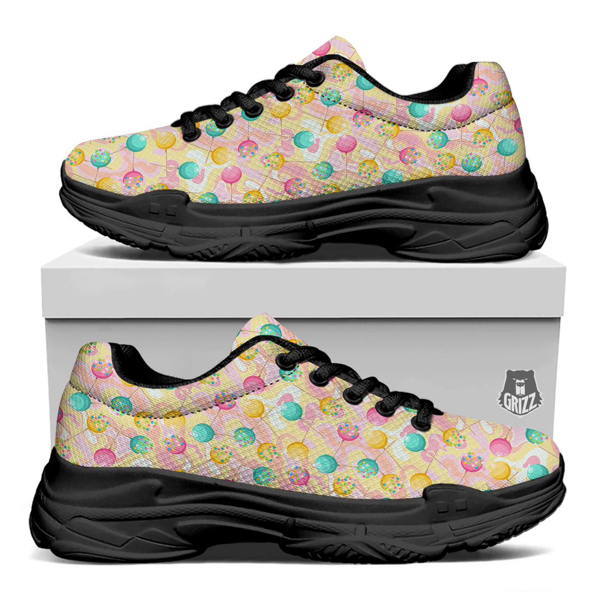 Candy And Colorful Lollipop Print Black Chunky Shoes-grizzshop
