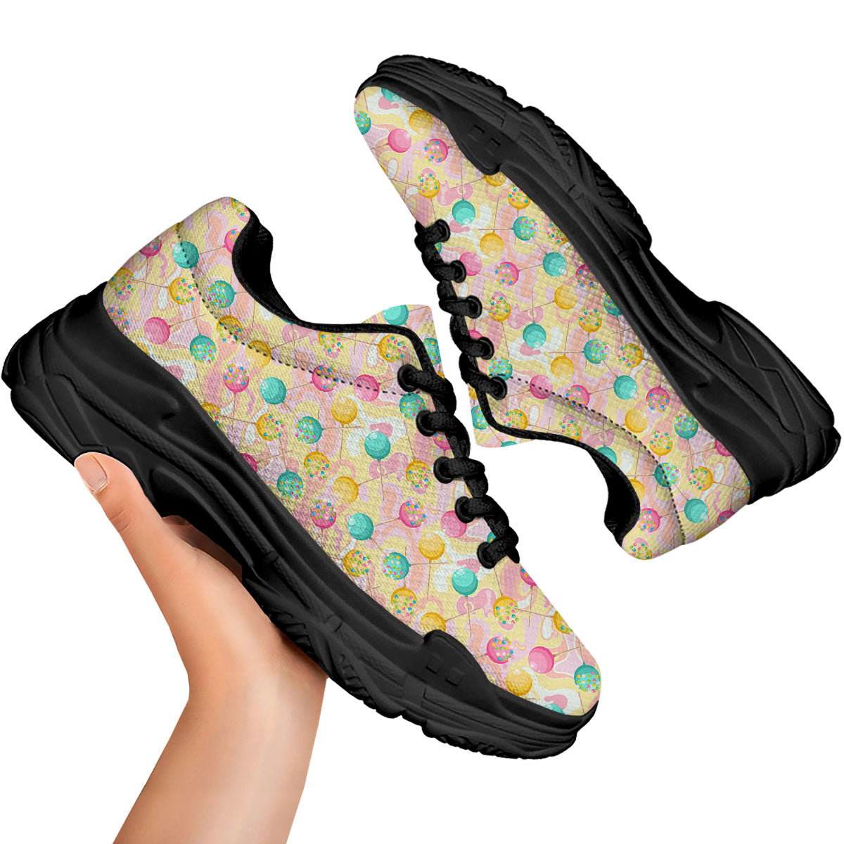 Candy And Colorful Lollipop Print Black Chunky Shoes-grizzshop