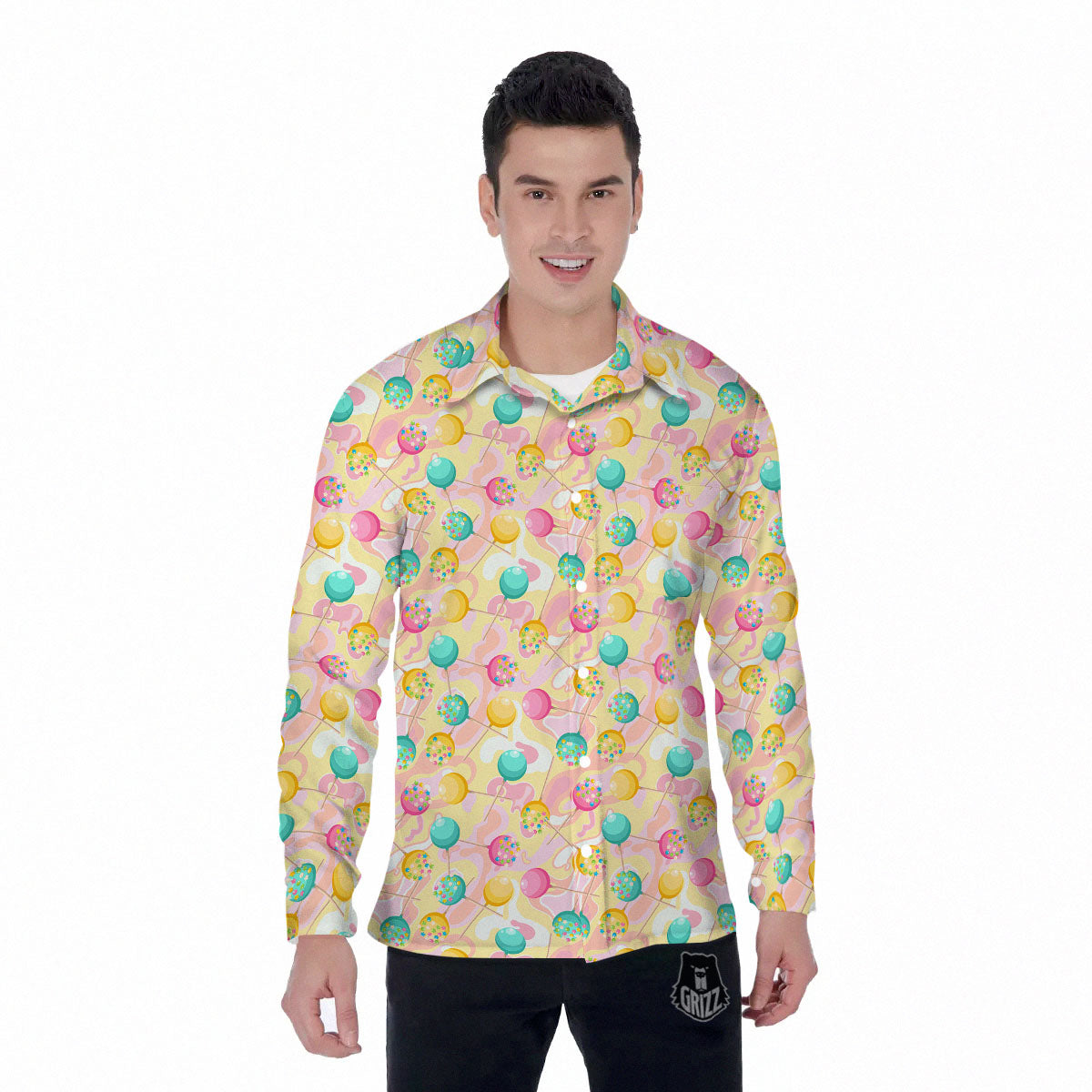 Candy And Colorful Lollipop Print Men's Long Sleeve Shirts-grizzshop