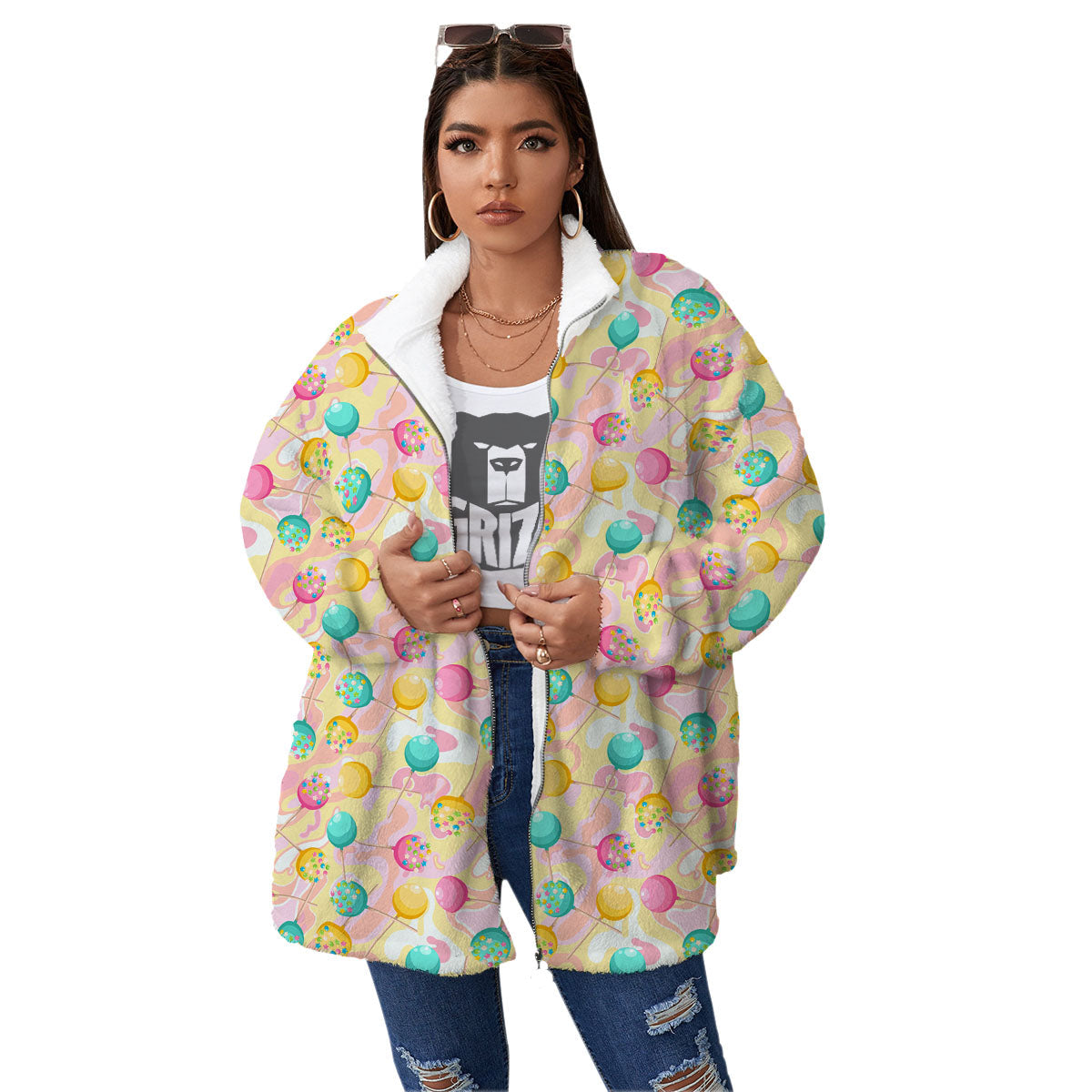 Candy And Colorful Lollipop Print Women's Sherpa Jacket-grizzshop