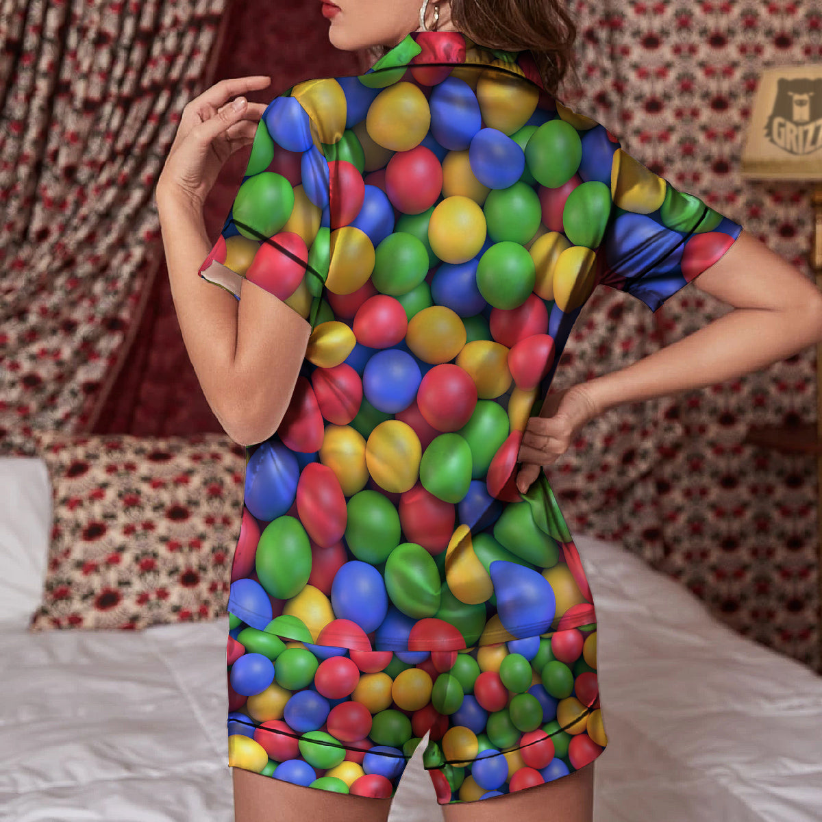 Candy Ball Colorful Print Women Silk Pajamas-grizzshop