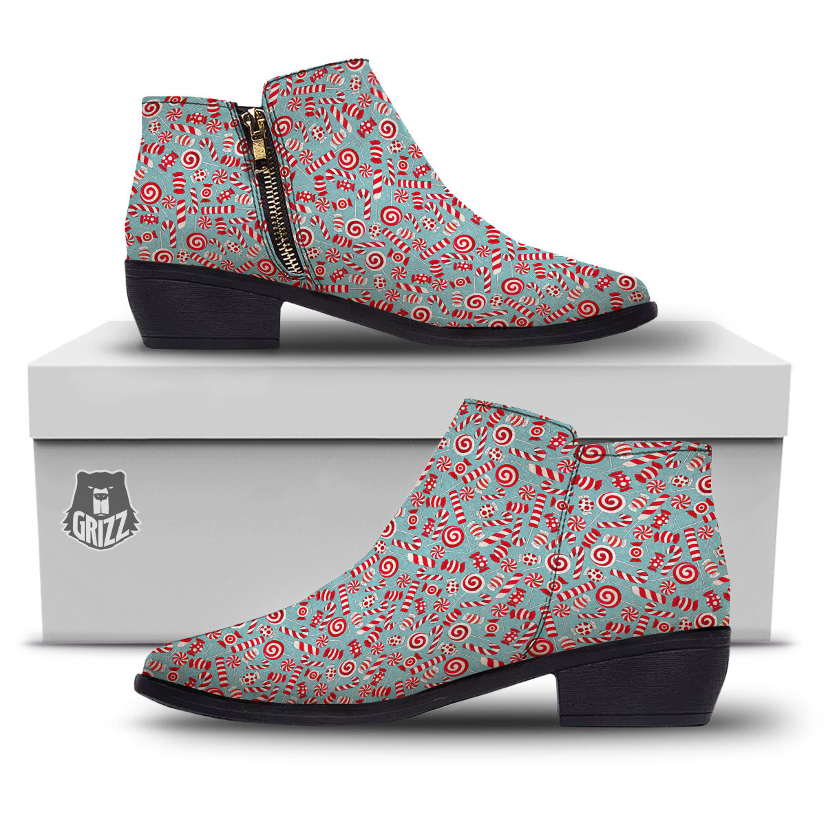 Candy Cane Christmas Print Pattern Ankle Boots-grizzshop