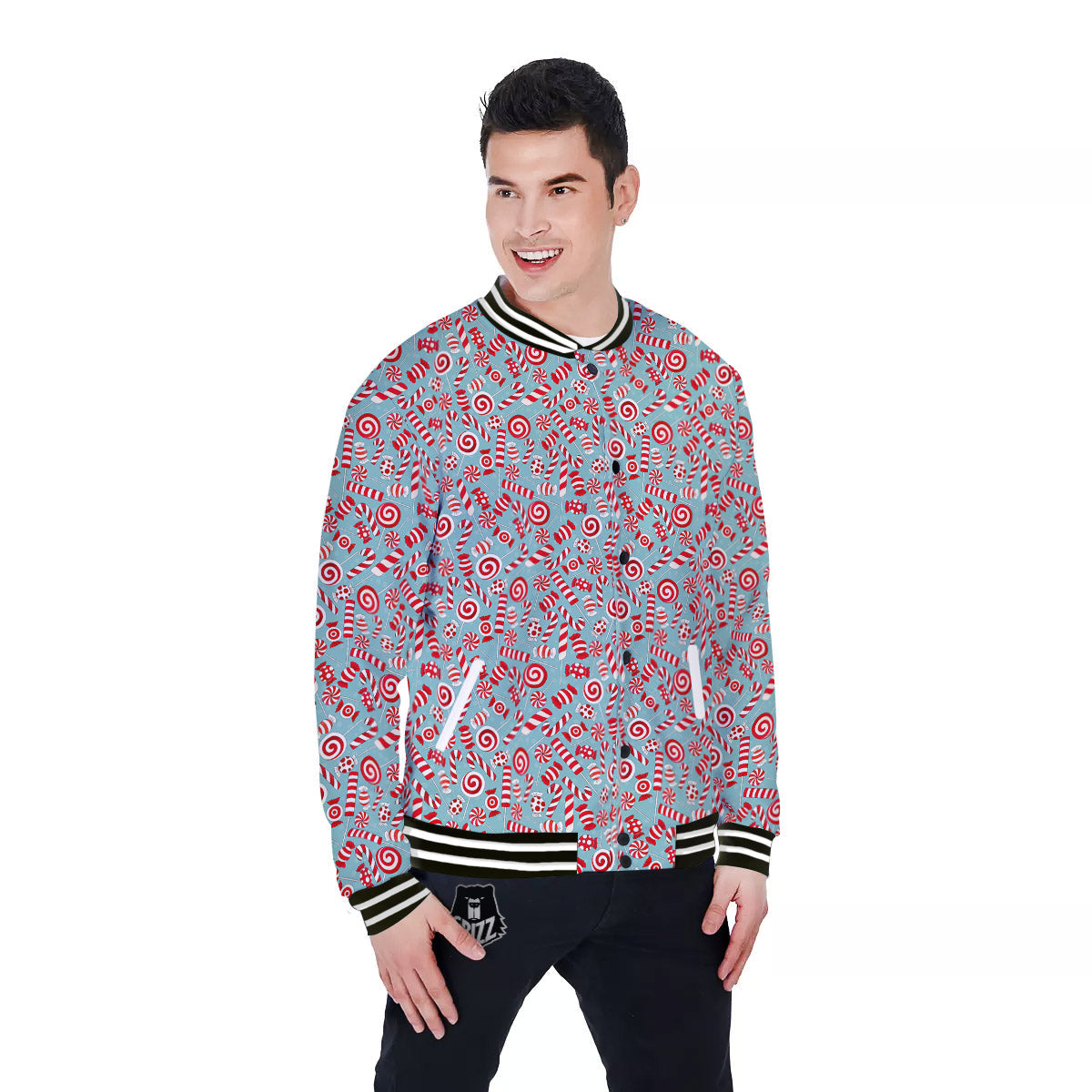 Candy Cane Christmas Print Pattern Baseball Jacket-grizzshop