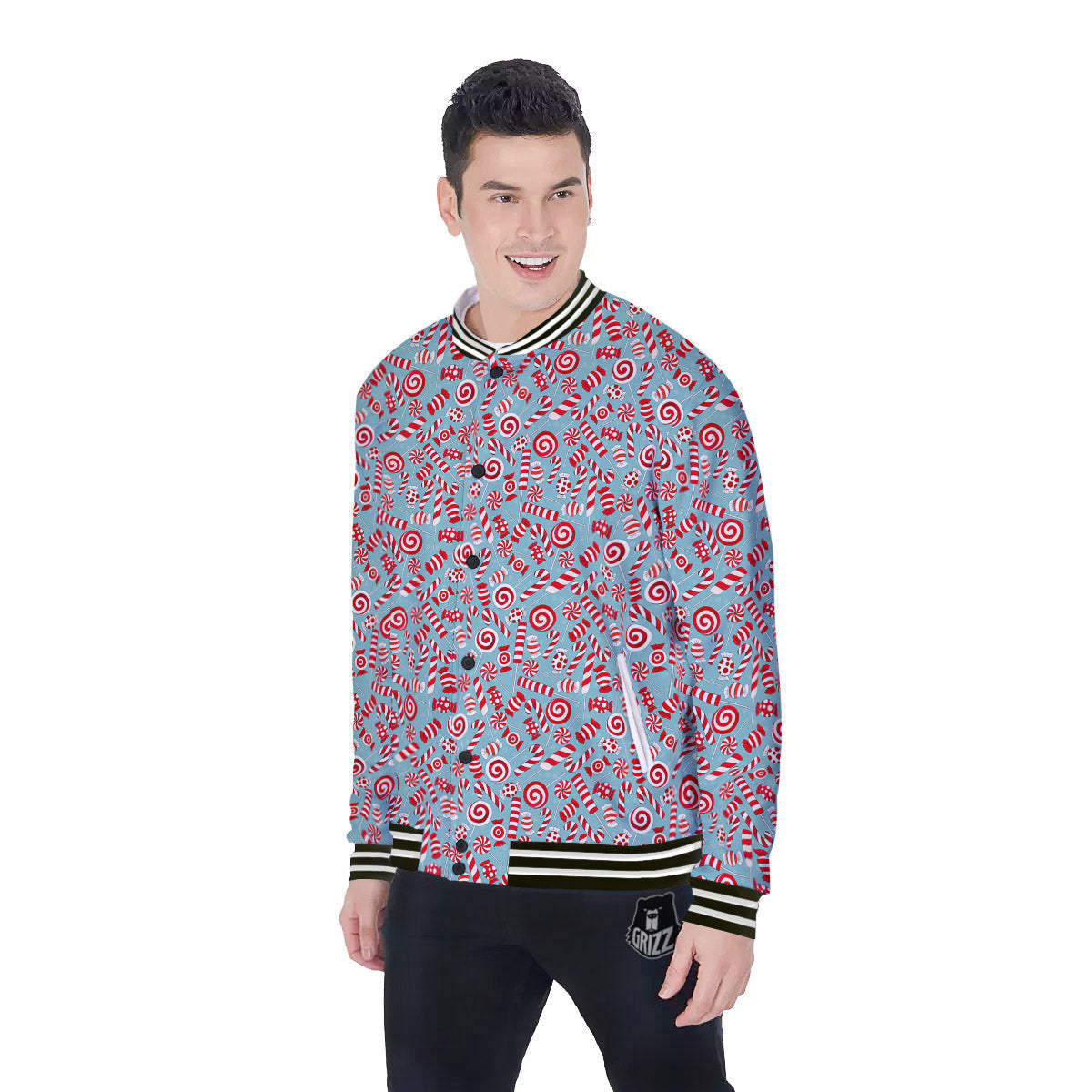 Candy Cane Christmas Print Pattern Baseball Jacket-grizzshop