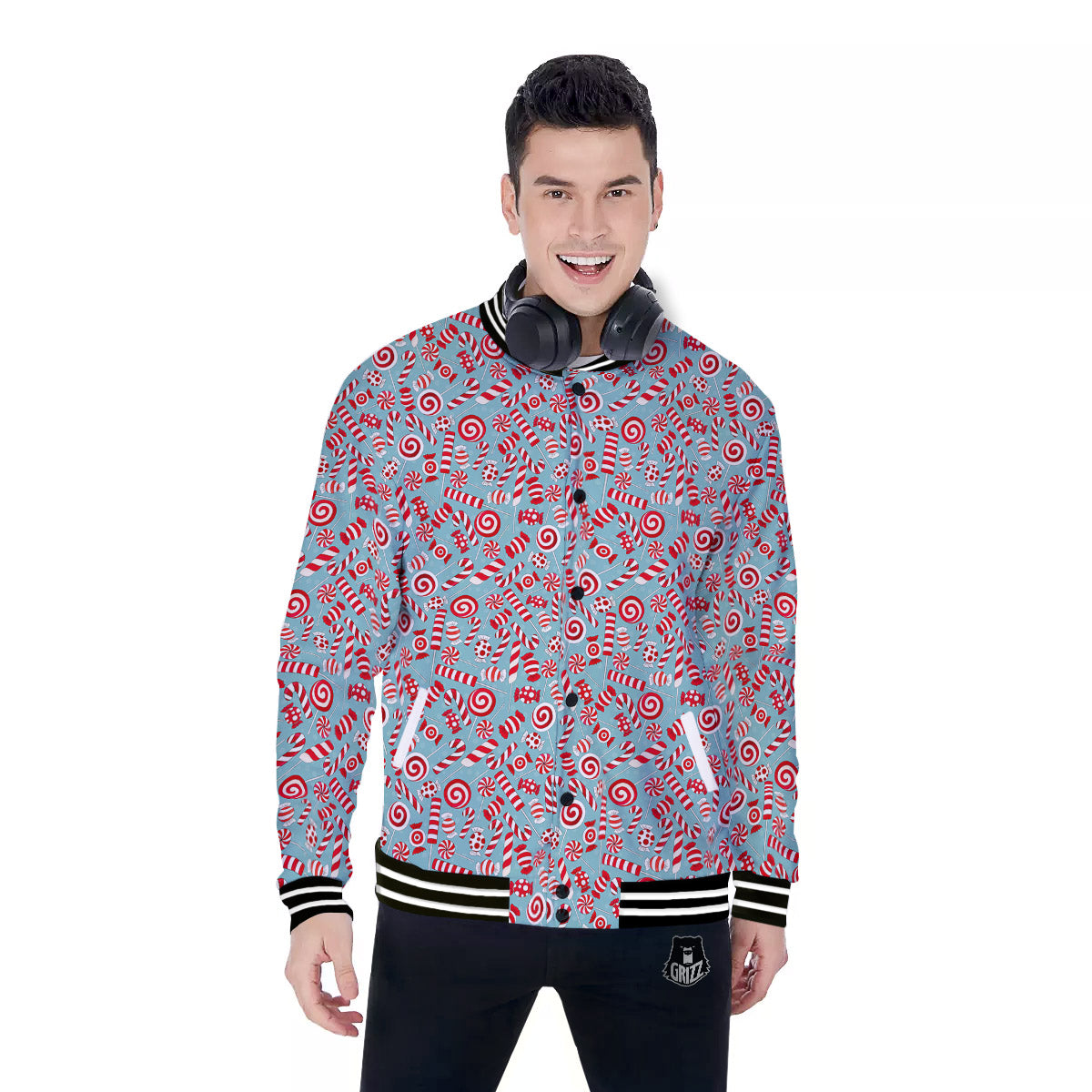 Candy Cane Christmas Print Pattern Baseball Jacket-grizzshop