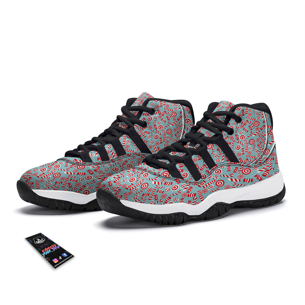Candy Cane Christmas Print Pattern Black Bball Shoes-grizzshop