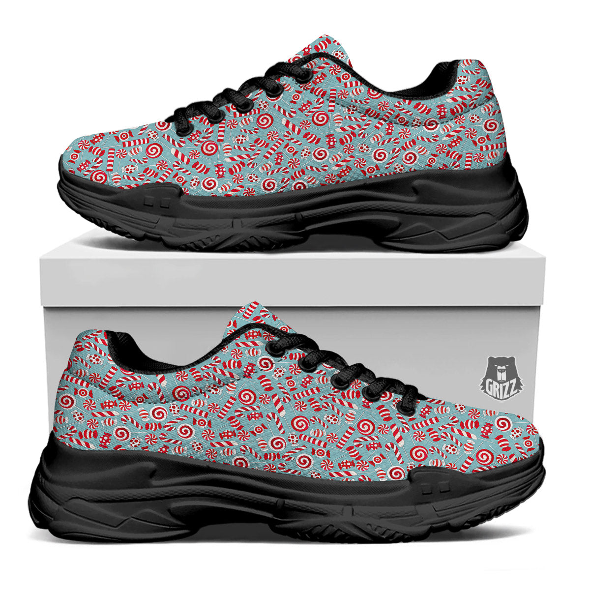 Candy Cane Christmas Print Pattern Black Chunky Shoes-grizzshop