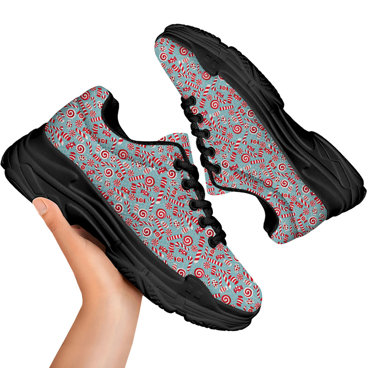 Candy Cane Christmas Print Pattern Black Chunky Shoes-grizzshop