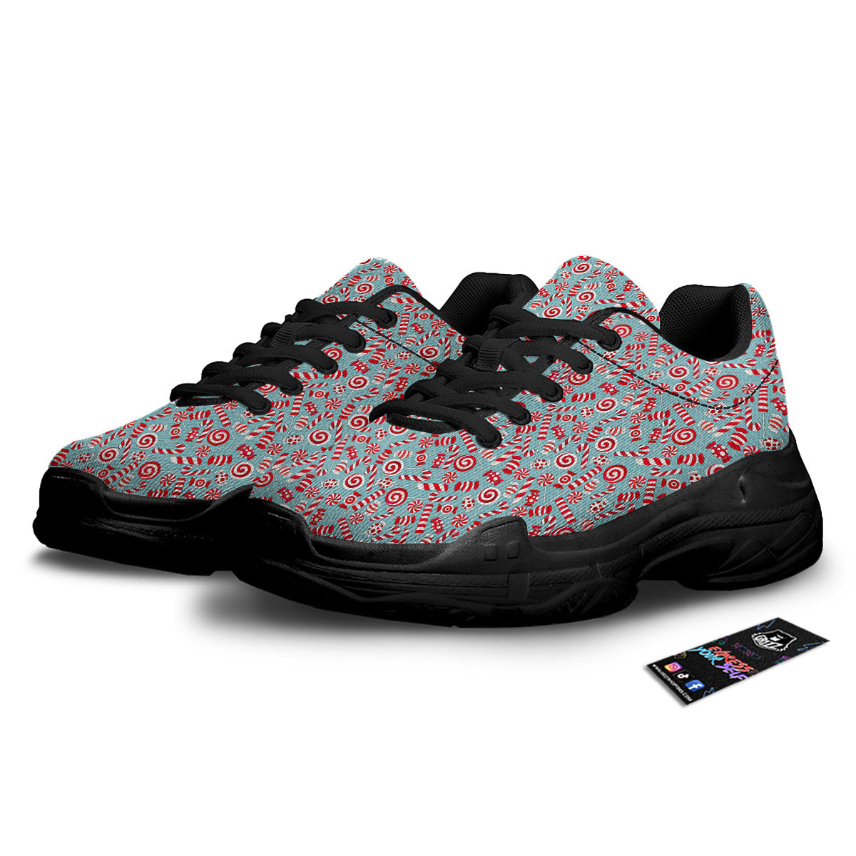 Candy Cane Christmas Print Pattern Black Chunky Shoes-grizzshop