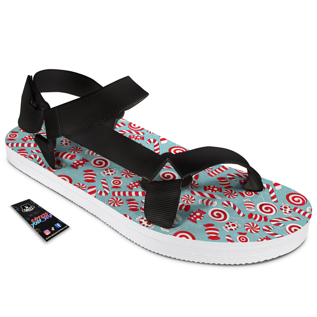 Candy Cane Christmas Print Pattern Black Open Toe Sandals-grizzshop