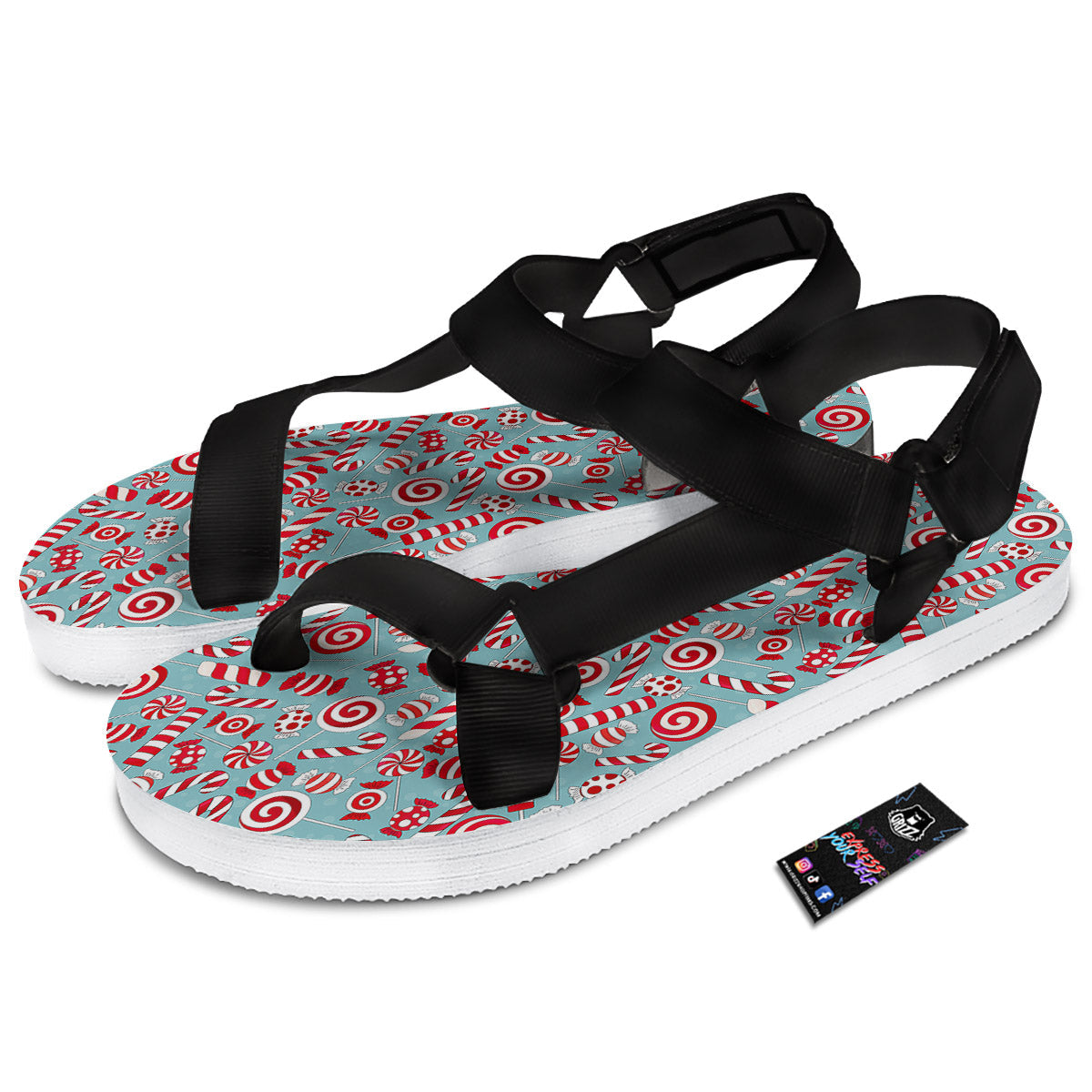 Candy Cane Christmas Print Pattern Black Open Toe Sandals-grizzshop