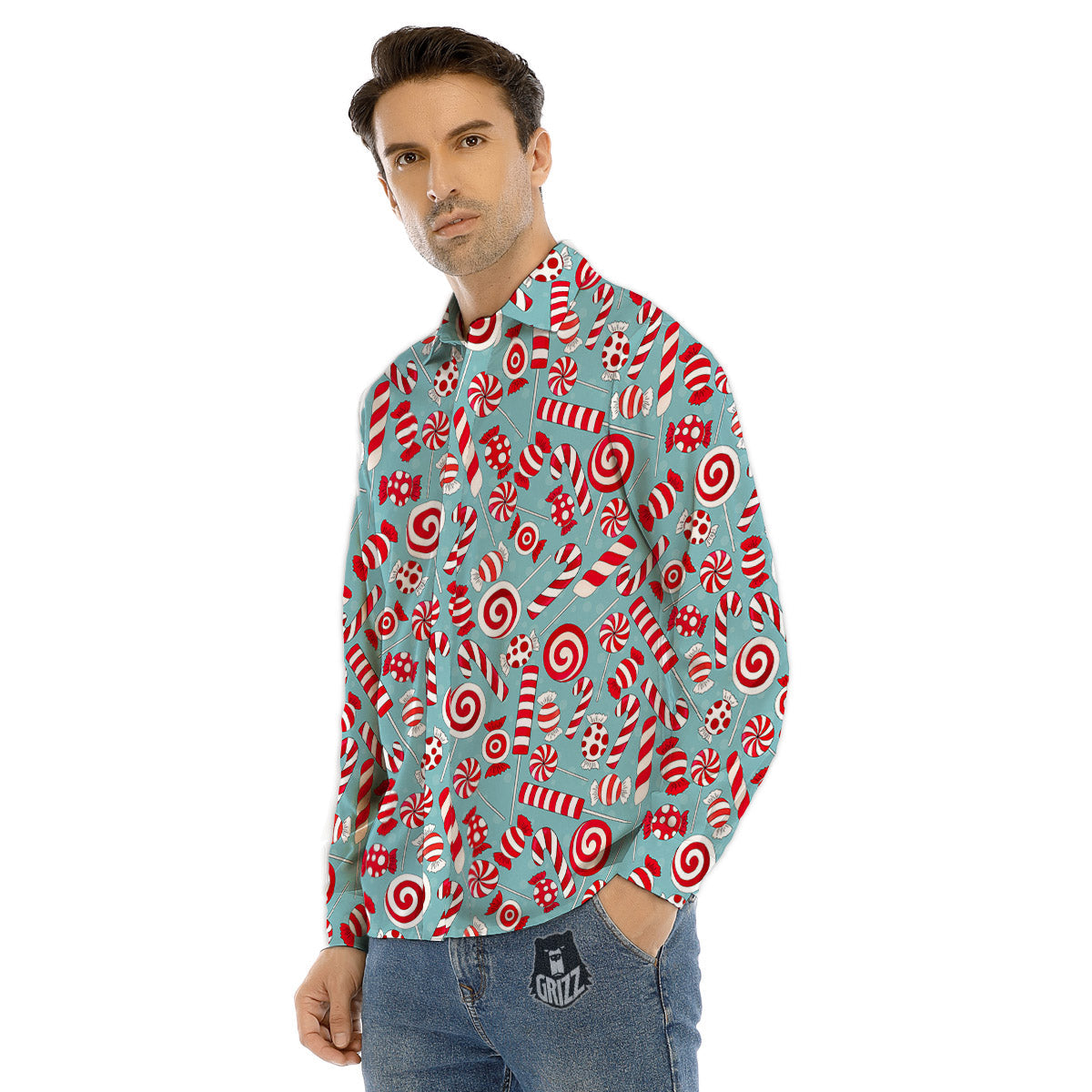 Candy Cane Christmas Print Pattern Men's Dress Shirts-grizzshop