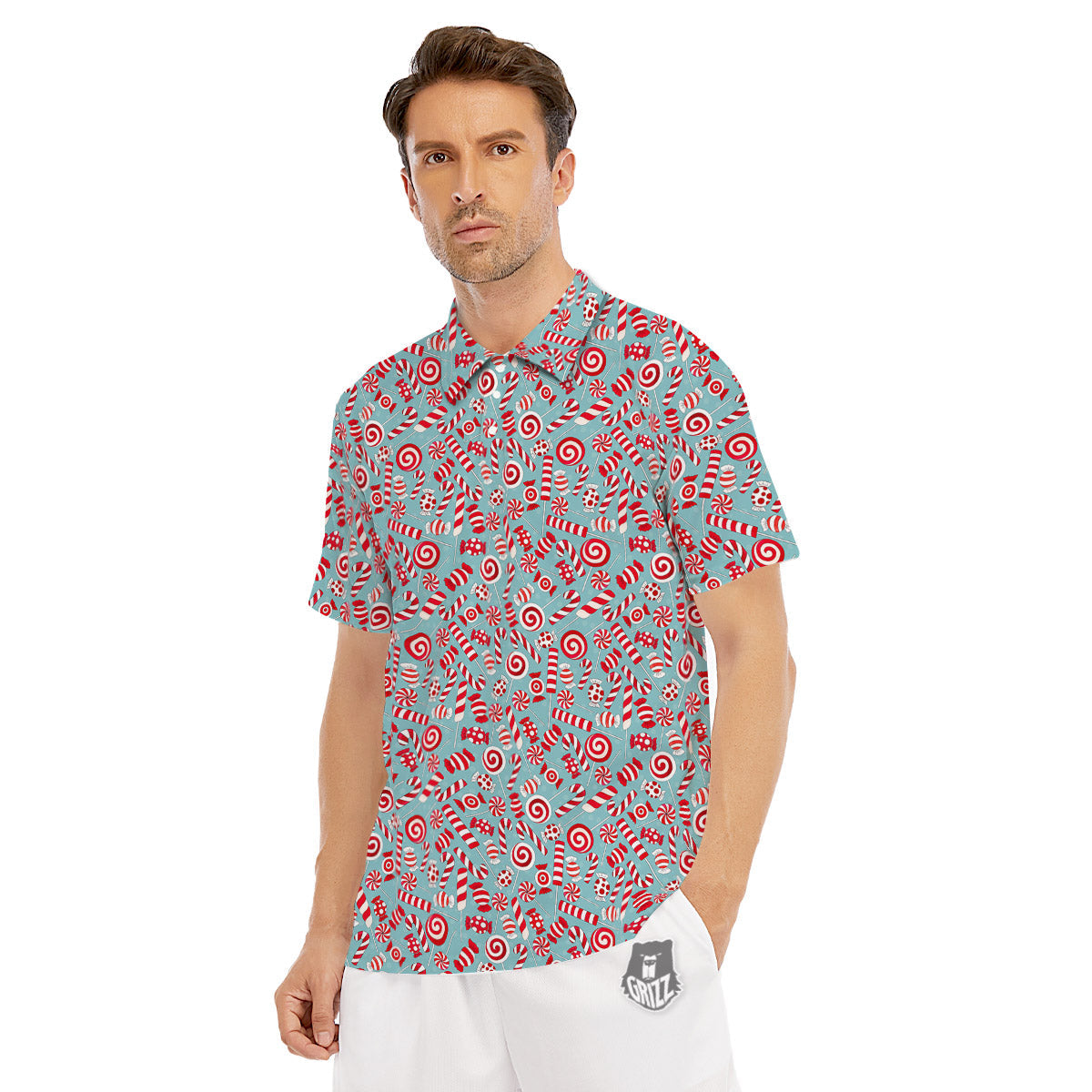 Candy Cane Christmas Print Pattern Men's Golf Shirts-grizzshop